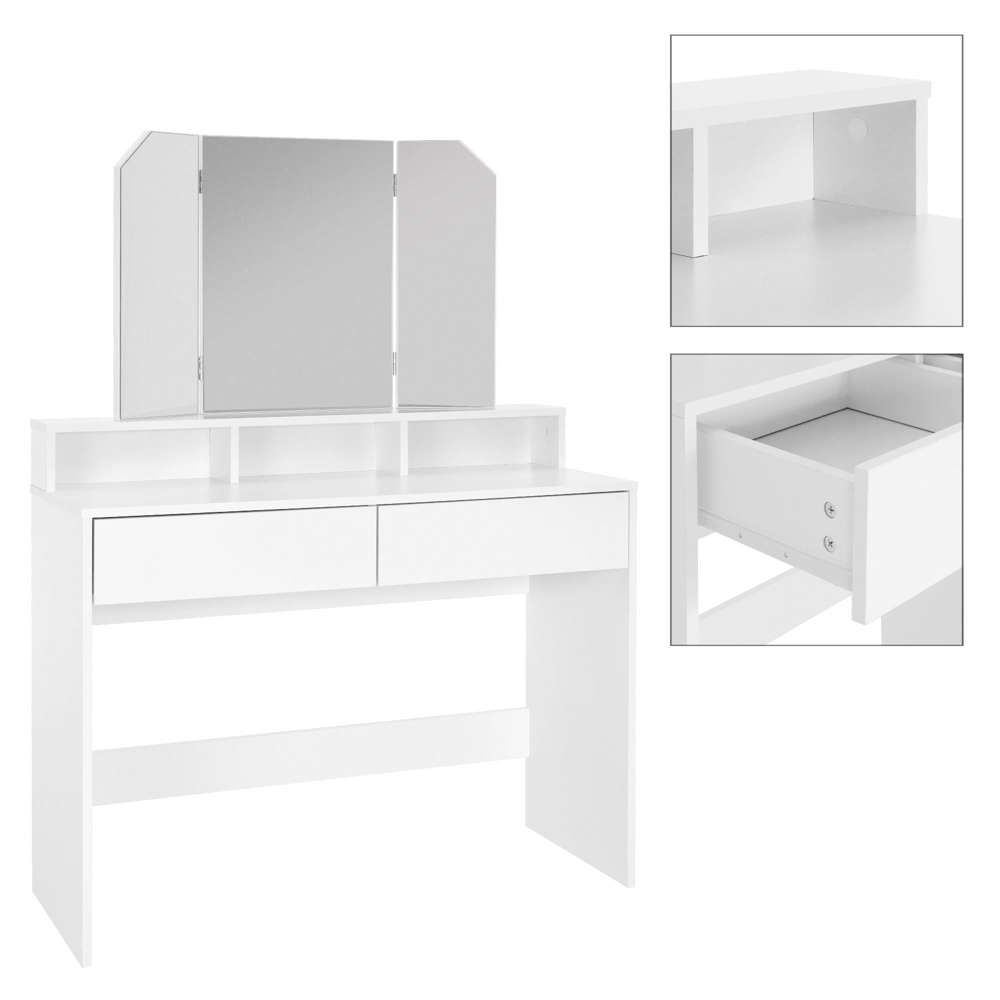 Coiffeuse blanche avec trois miroirs et deux tiroirs.