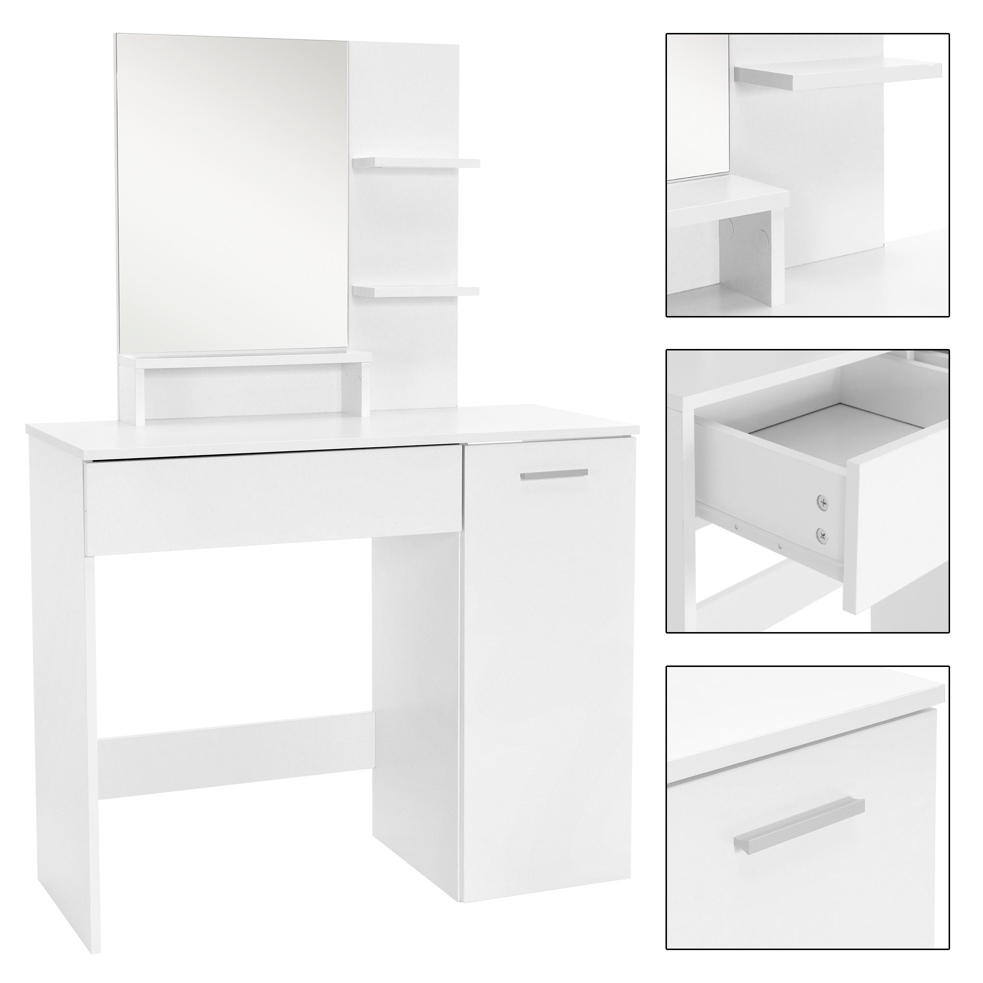 Sminkasztal tükörrel, fiókkal és polccal.