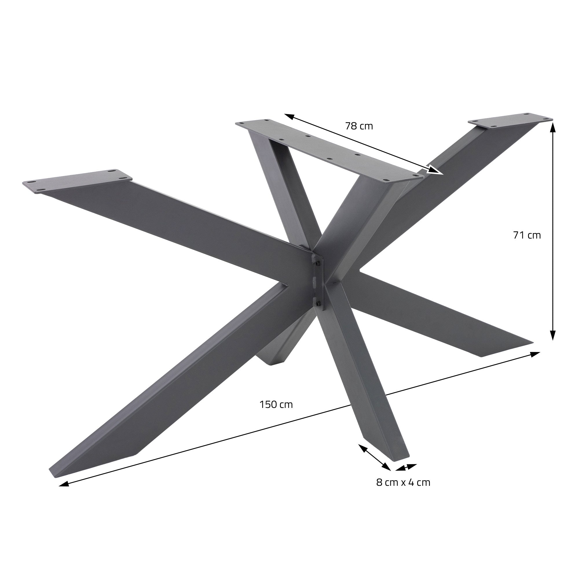 Bordstel med X-formede ben, mål: 150 cm bredde, 71 cm højde, 8x4 cm profil.