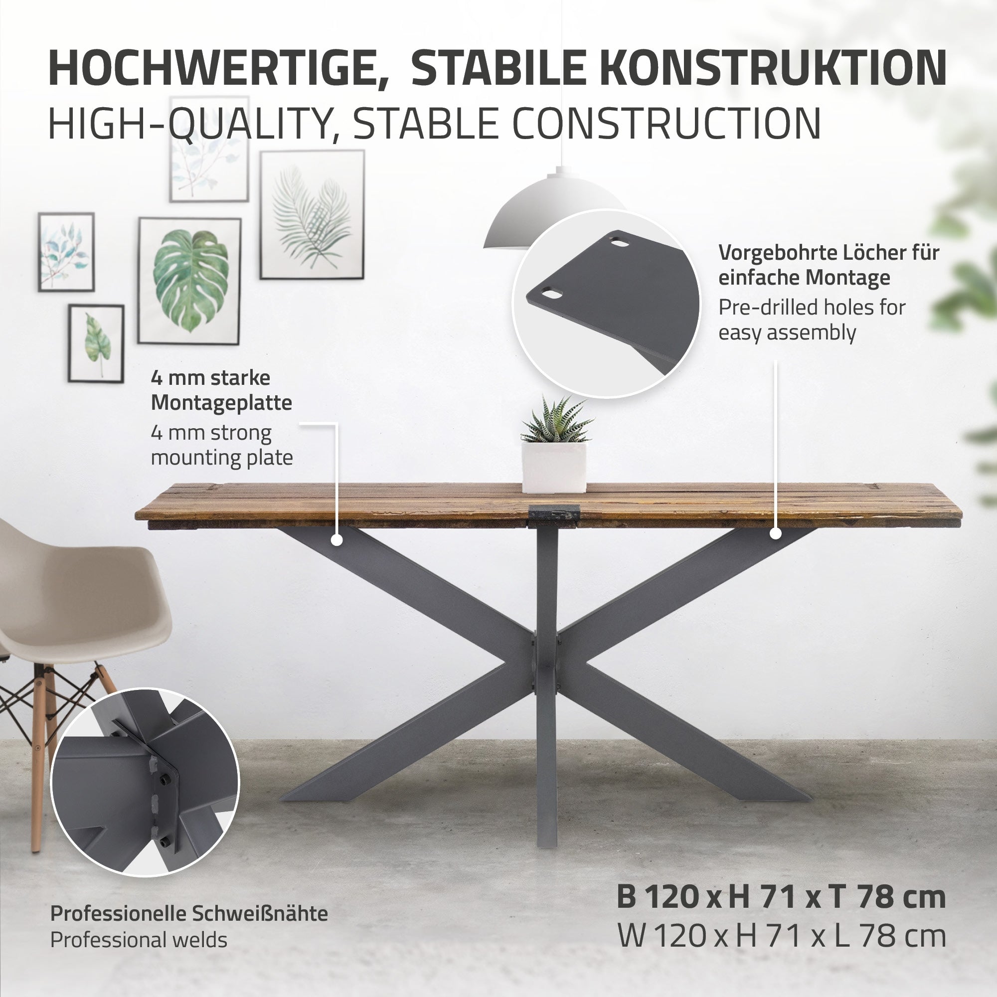 Table with stable construction, wooden top, and X-shaped metal frame.