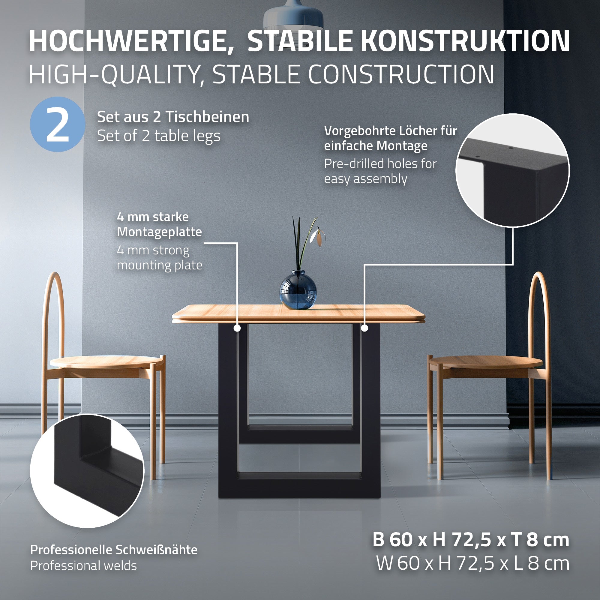 Ein Tisch mit Holzplatte und zwei Stühlen, mit Fokus auf die Tischbeine.