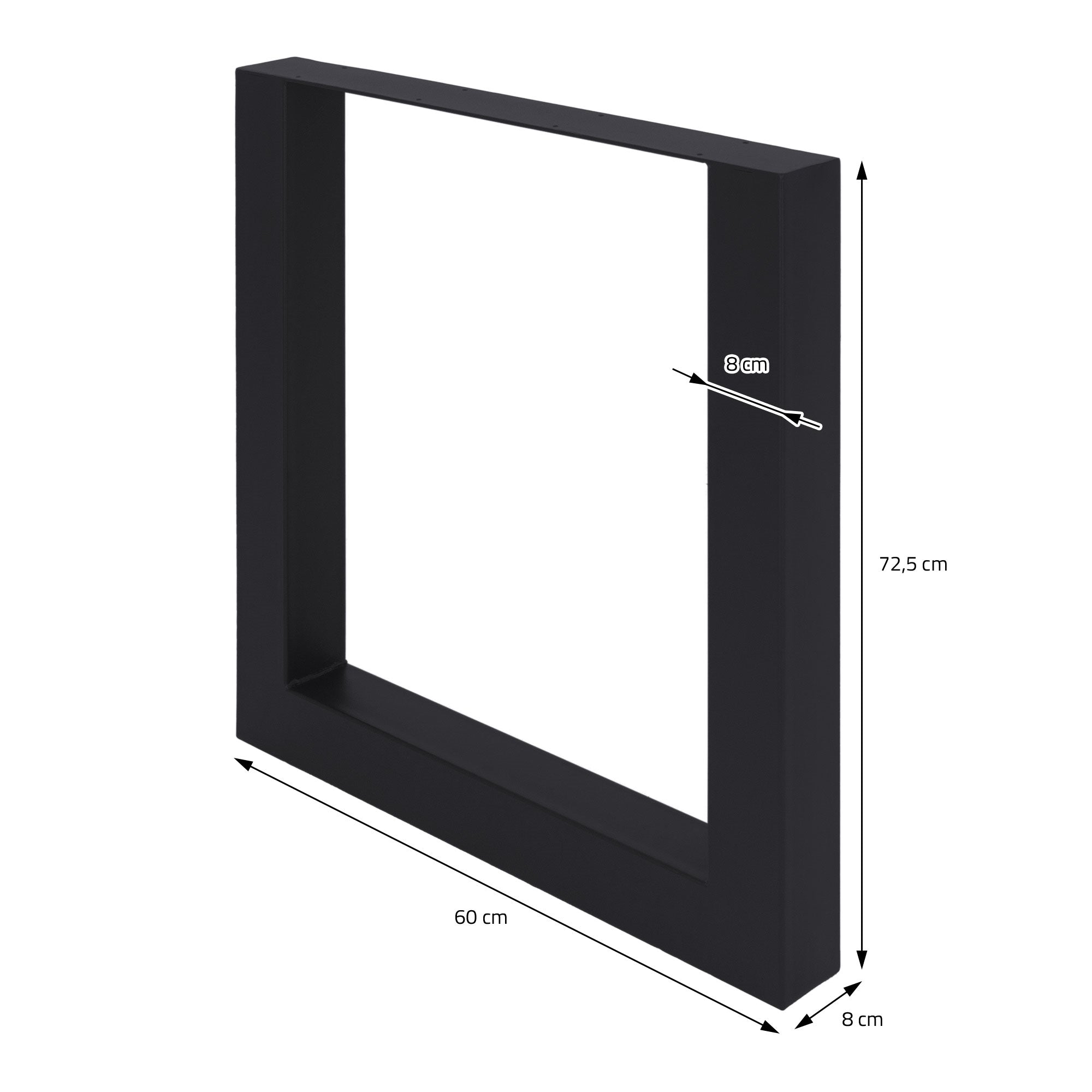 Schwarzes quadratisches Gestell mit Maßen: 60 cm Breite, 72,5 cm Höhe.