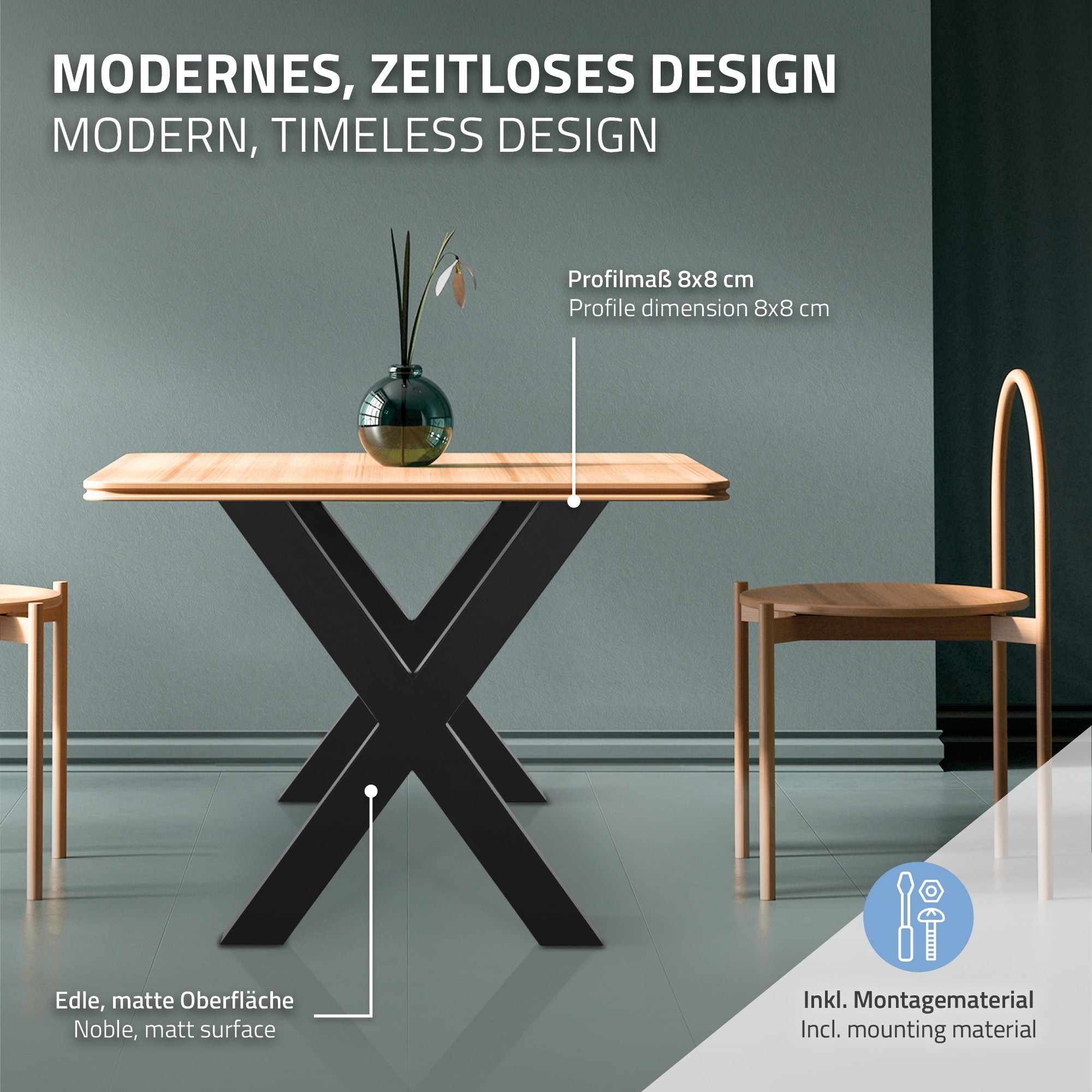 Table avec un cadre noir et un plateau en bois, aménagement moderne.