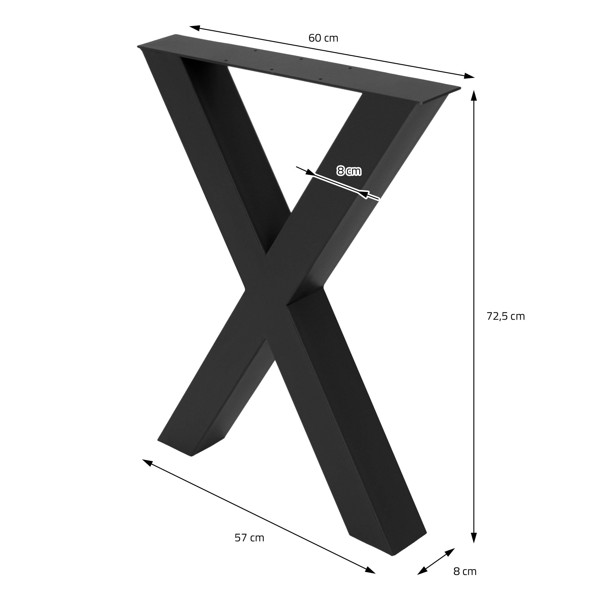 Structure de table noire en forme de X avec des dimensions et une largeur de 60 cm.