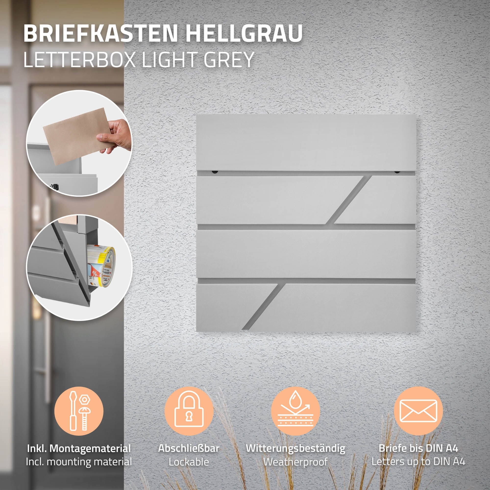Light gray mailbox with assembly instructions and information on features.