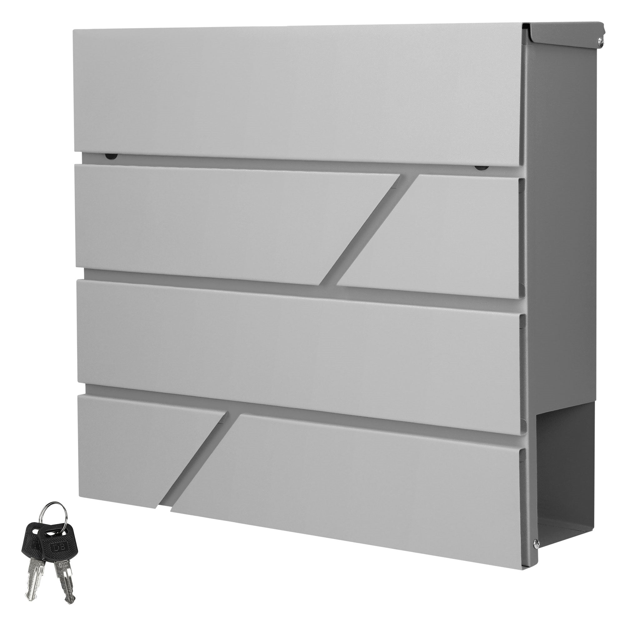 Gray mailbox box with keys, four compartments and modern design.