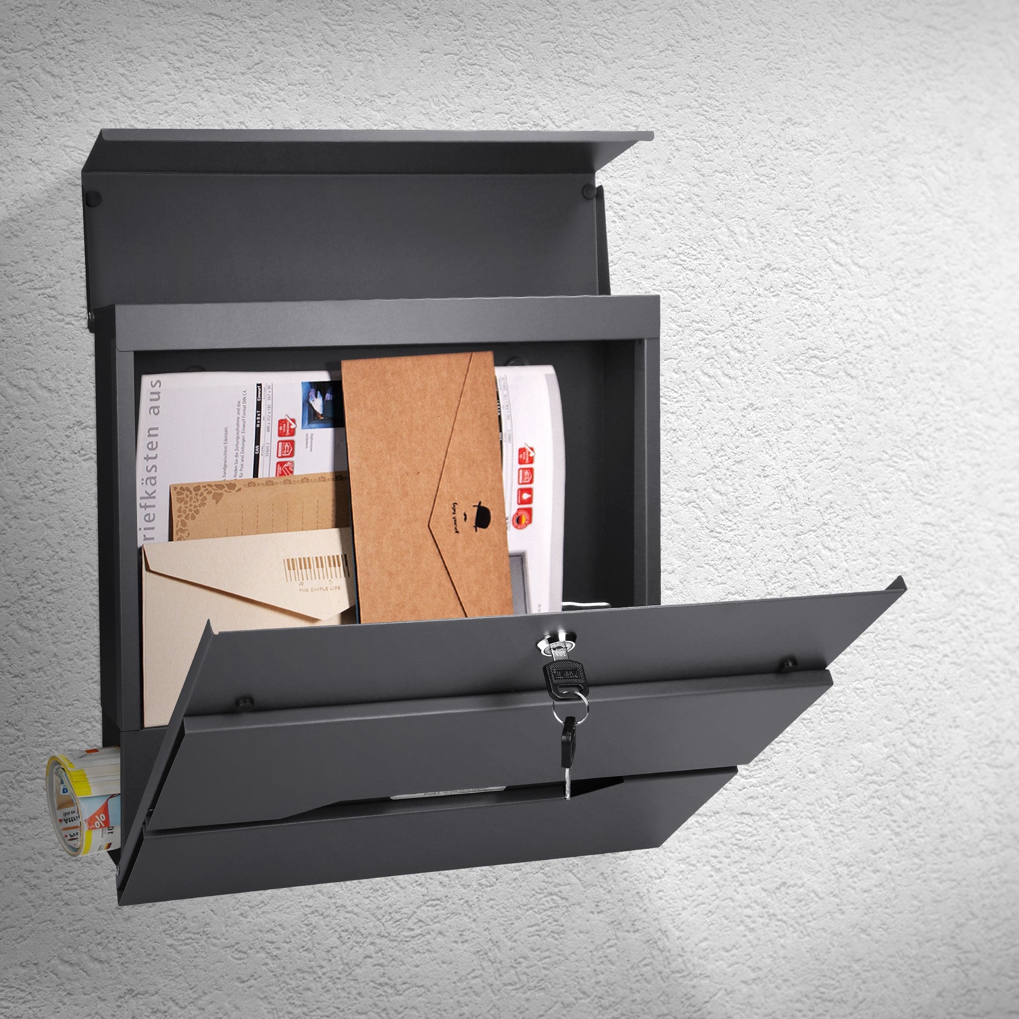 Postbox with open lid, letters and packages visible.
