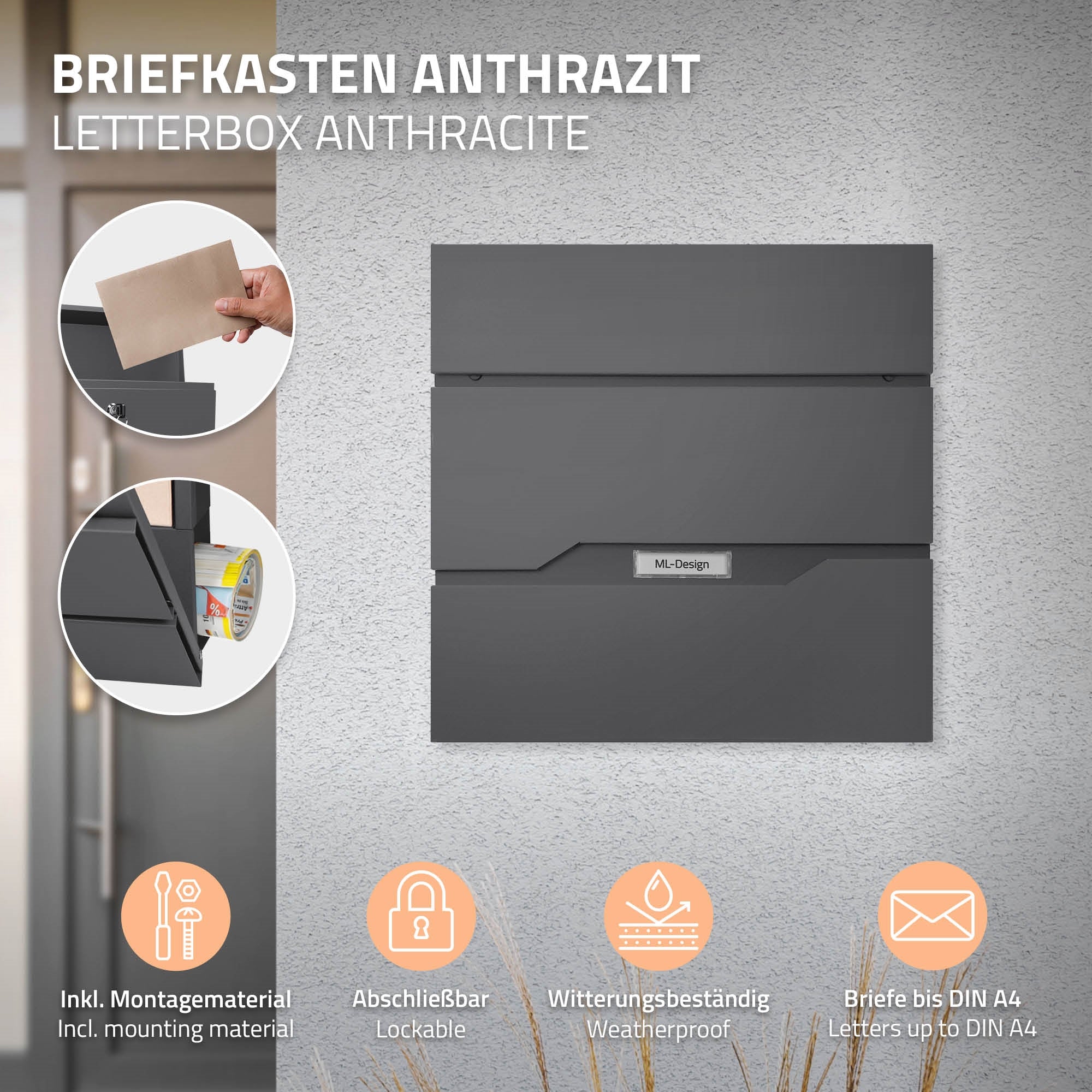 Anthracite mailbox with a slot and weatherproof design.
