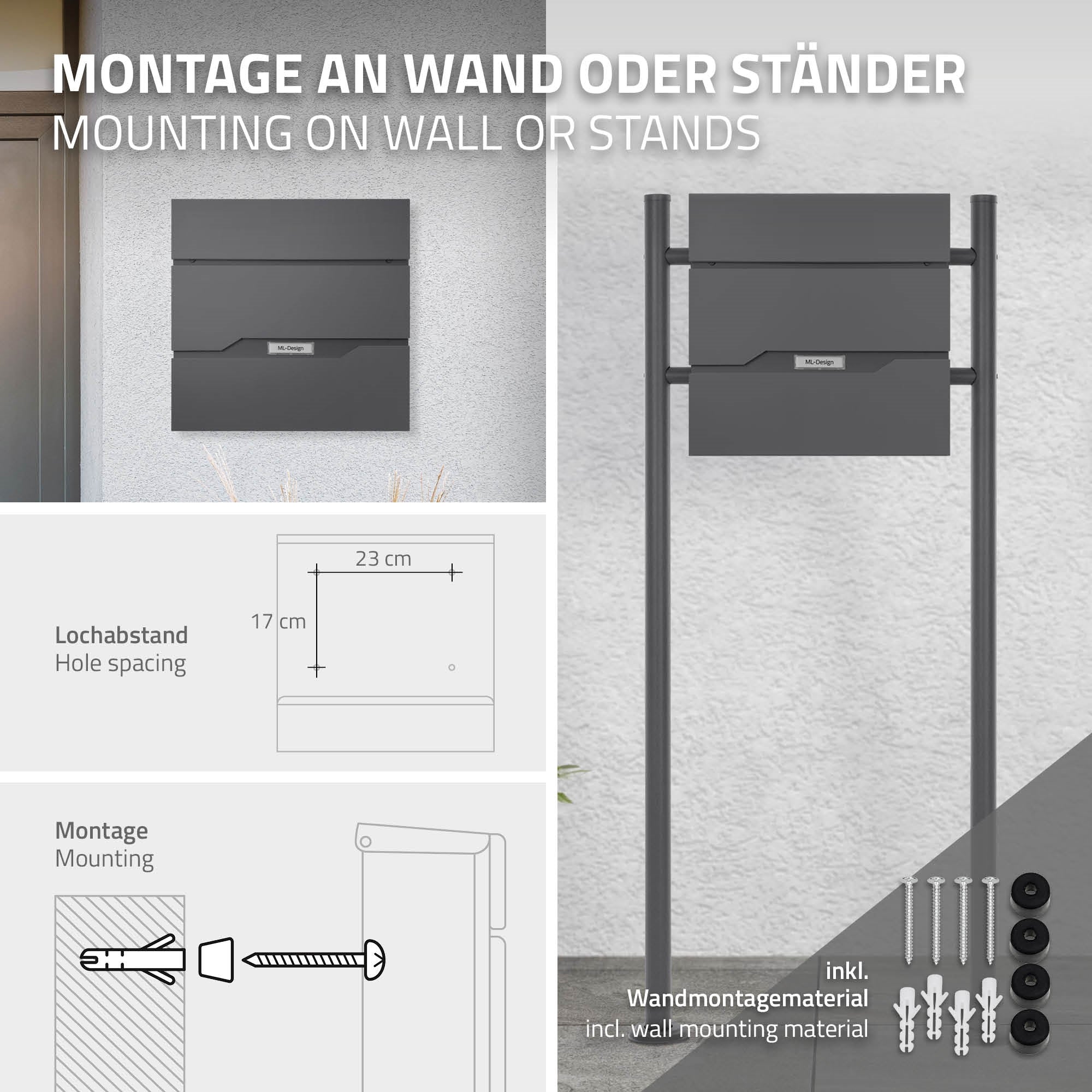 Mailbox in anthracite with assembly instructions and dimensions.