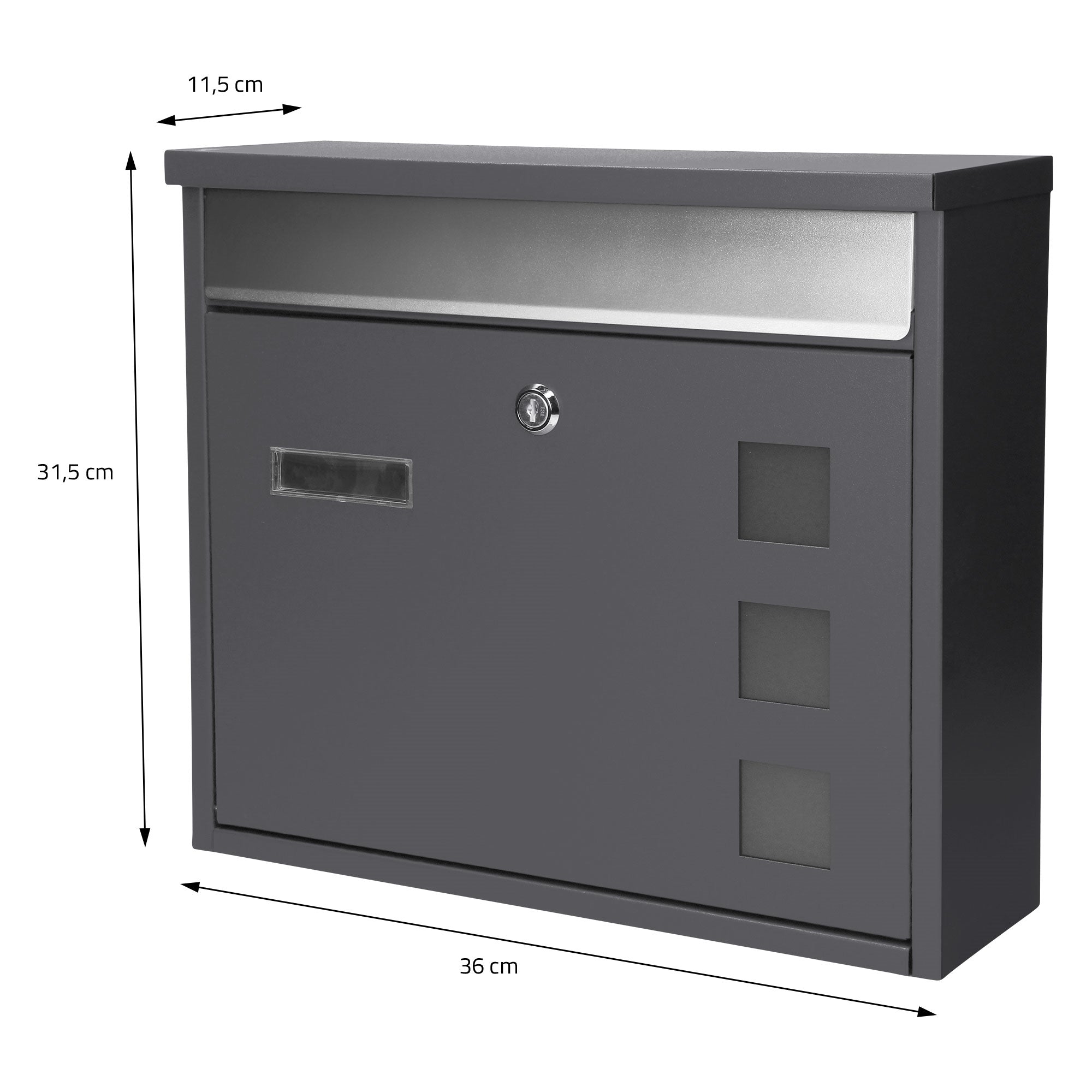 Postkasse i grå med dimensioner: 36 cm bredde, 31,5 cm højde, 11,5 cm dybde.