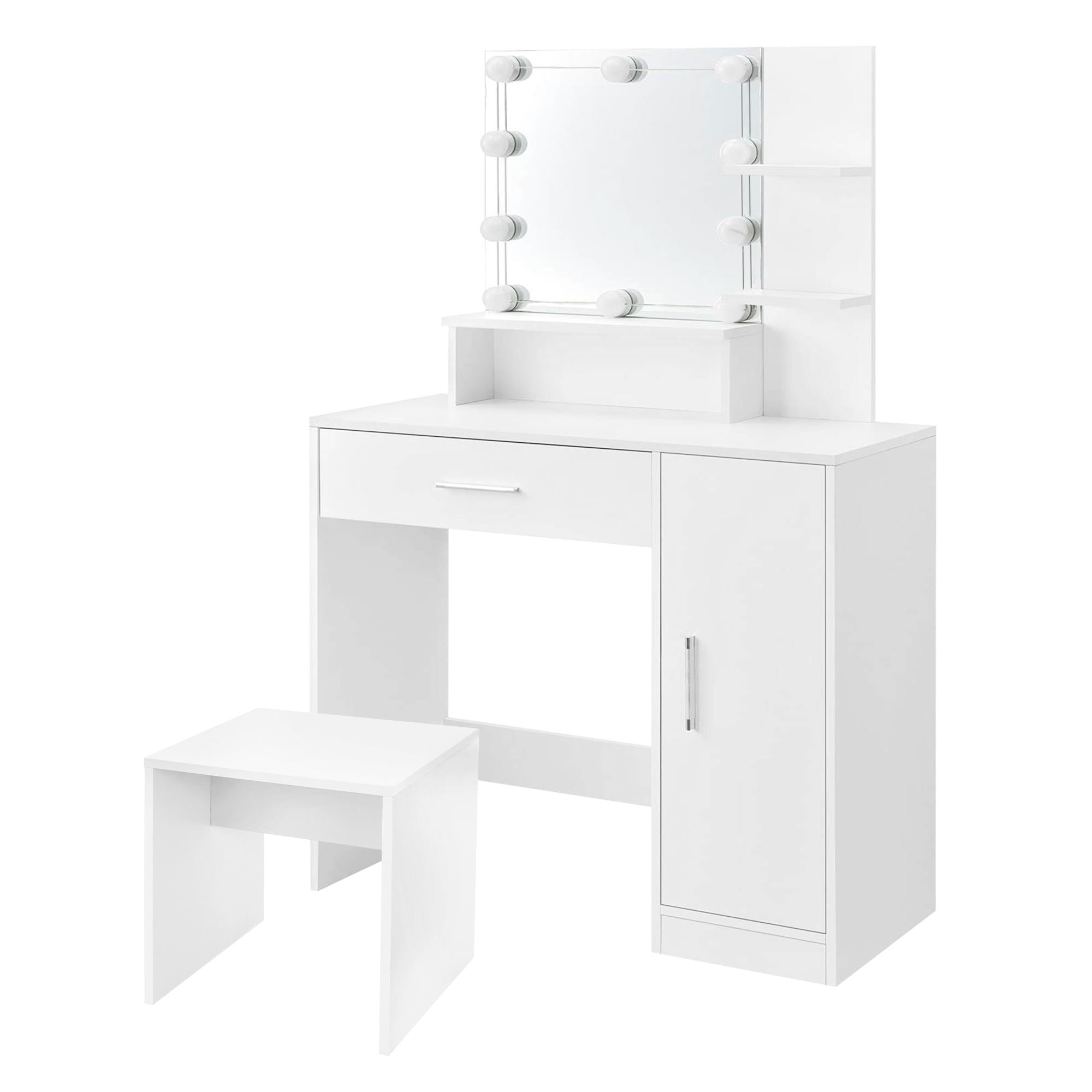 Une coiffeuse blanche avec miroir, tiroir et tabouret.
