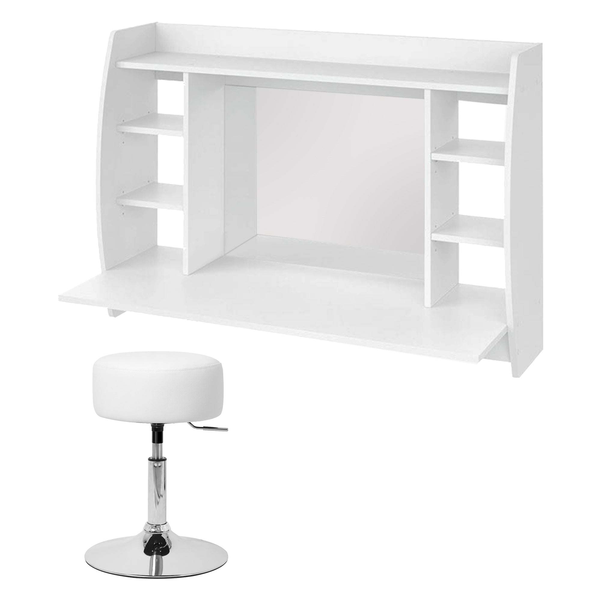 Weißer Wandtisch mit Spiegel und einem höhenverstellbaren Hocker.