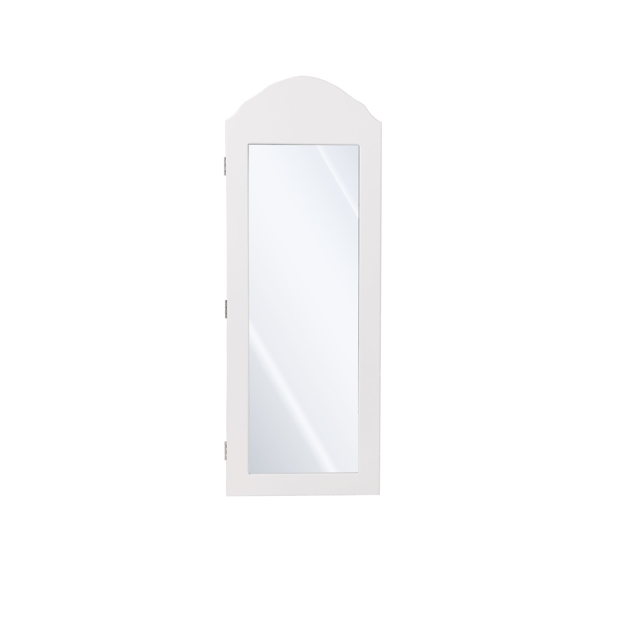 Een rechthoekige, witte wandspiegel.