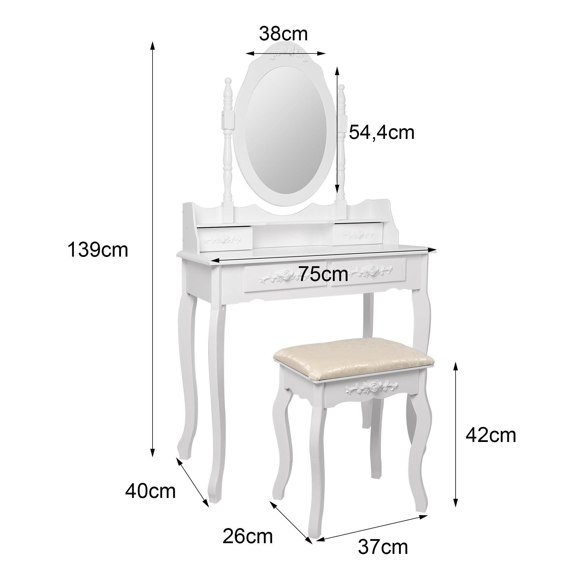 Tocador blanco con espejo, cajón y taburete, medidas: 139 cm de alto, 75 cm de ancho.