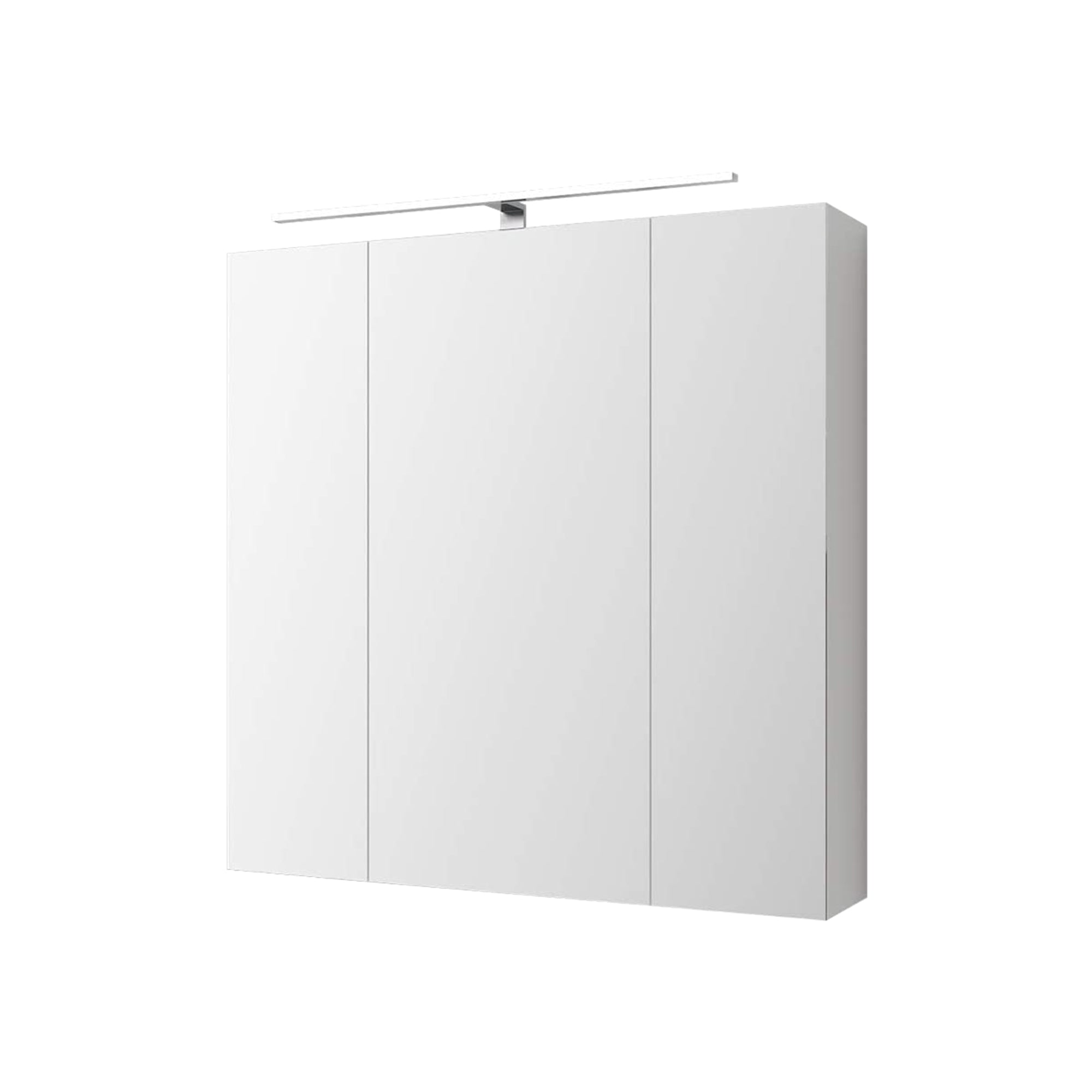 Ein schlichter, weißer Spiegelschrank mit drei Türen.