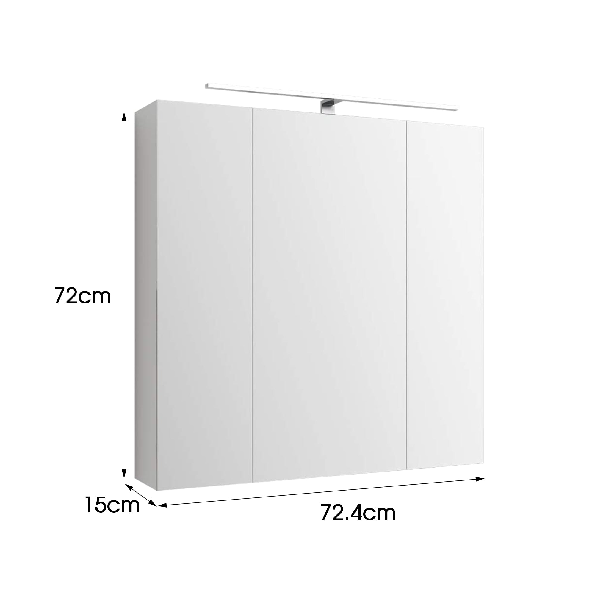 Weißer Schrank mit drei Türen, Maße: 72cm x 72.4cm x 15cm.