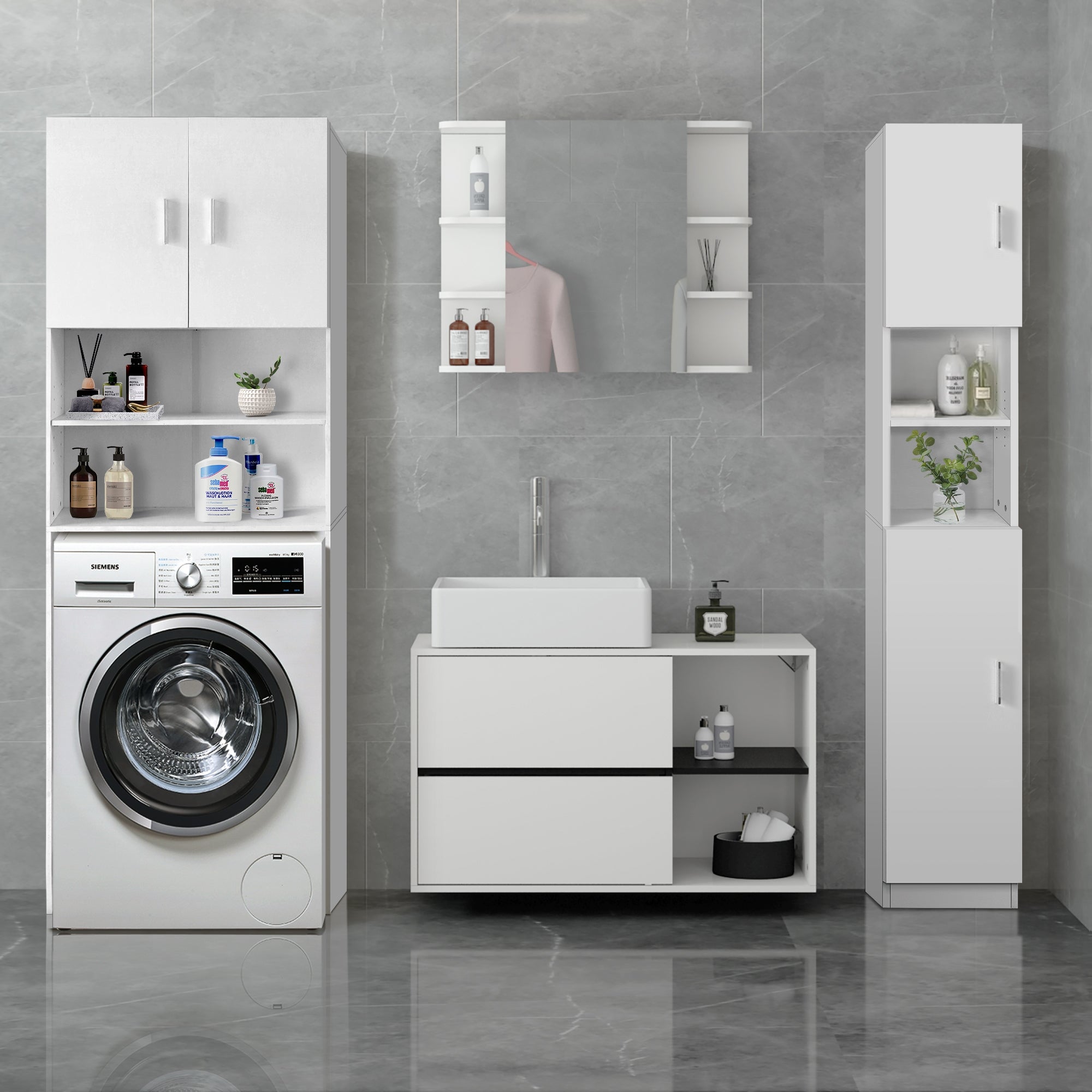 Mobili da bagno moderni con lavatrice, armadio e specchio.