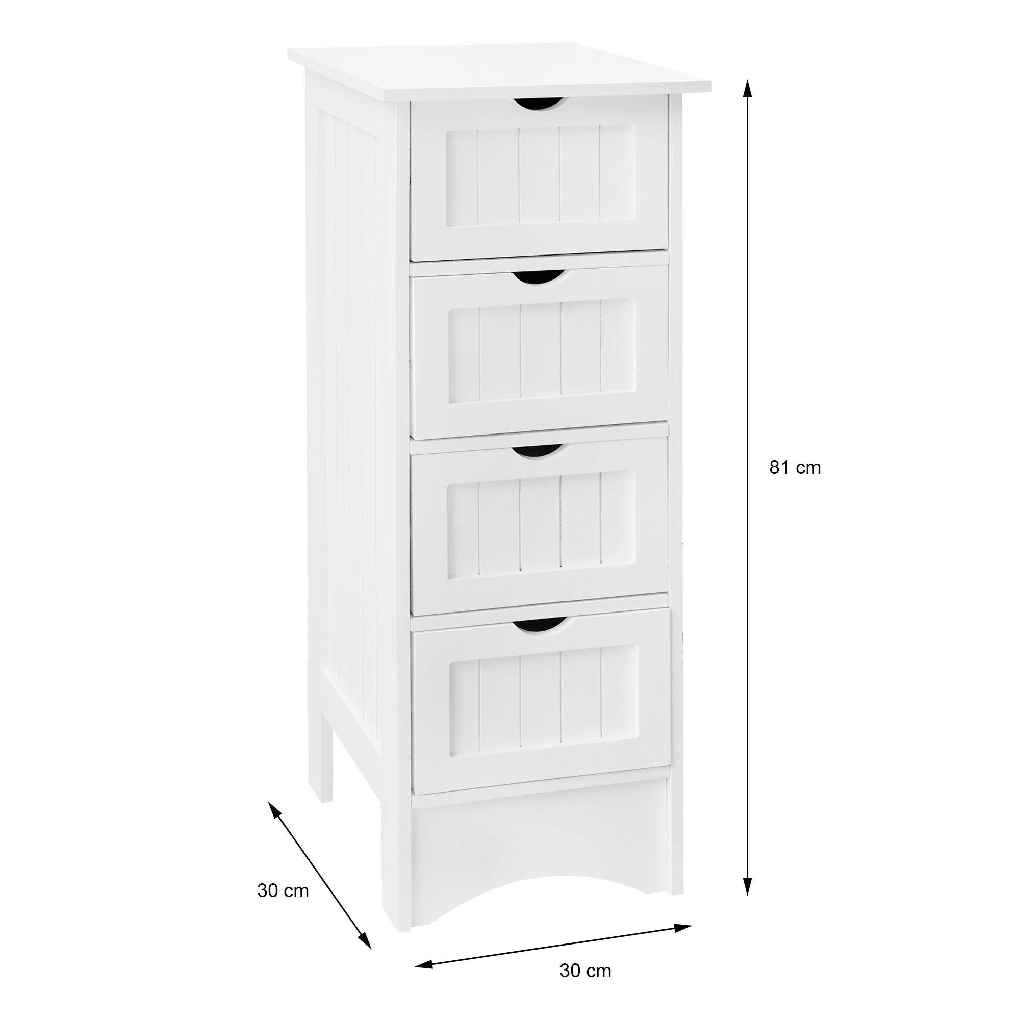 Hvidt skab med fire skuffer, højde 81 cm, bredde 30 cm, dybde 30 cm.