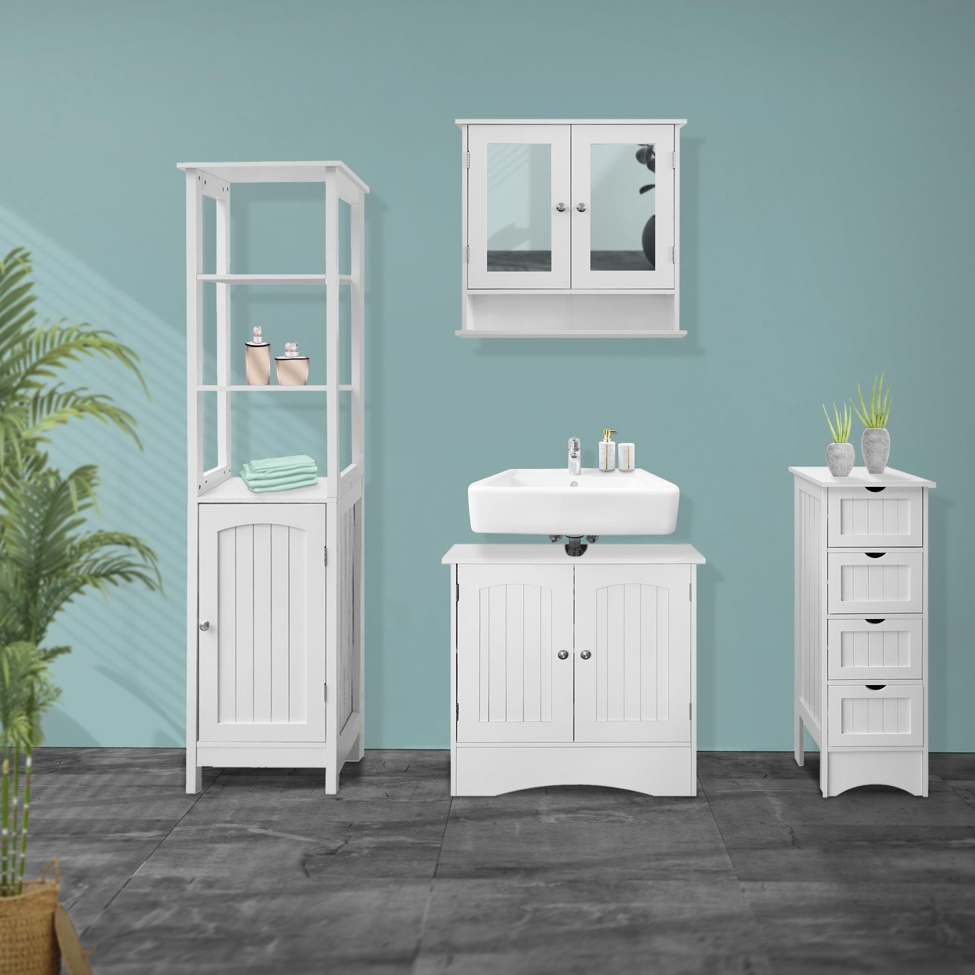 Conjunto de muebles de baño con lavabo, armario y estantería en una pared.