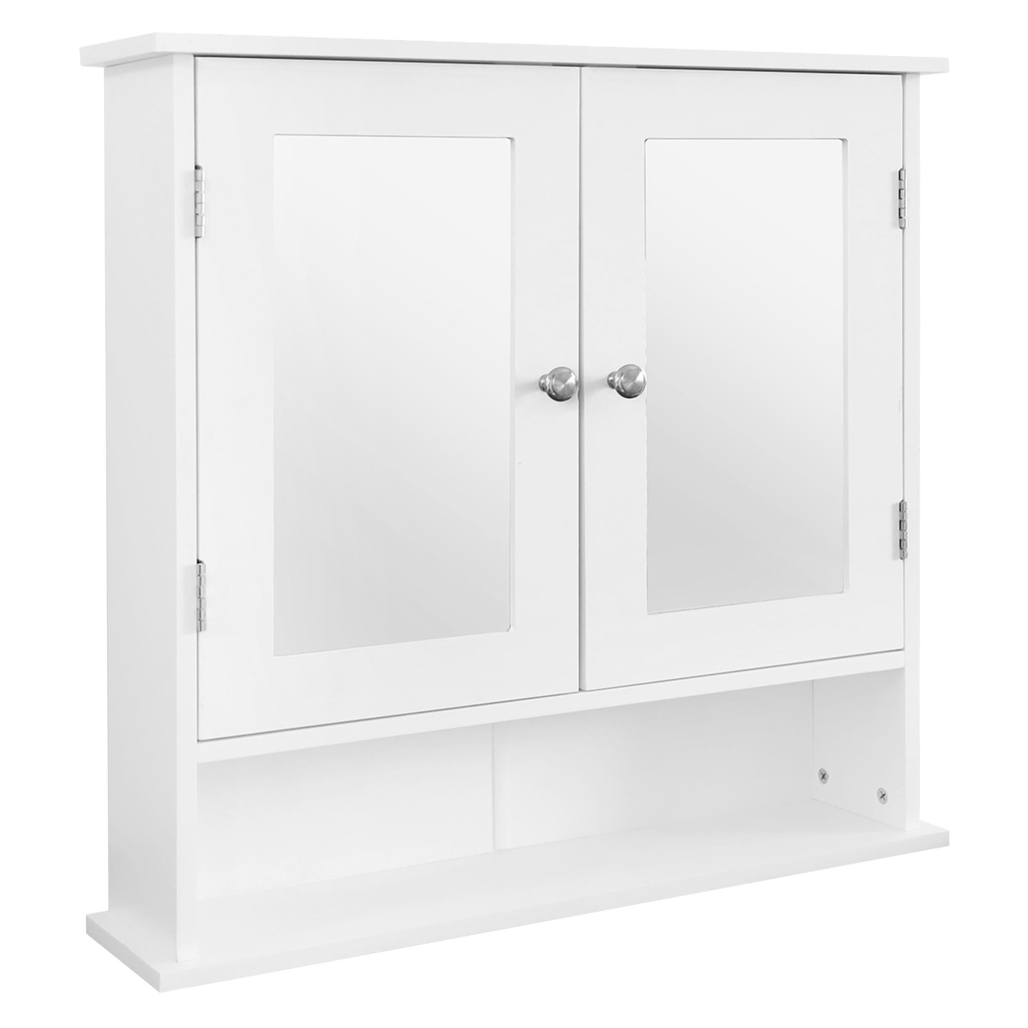 Armario blanco con dos puertas de espejo y un estante abierto debajo.