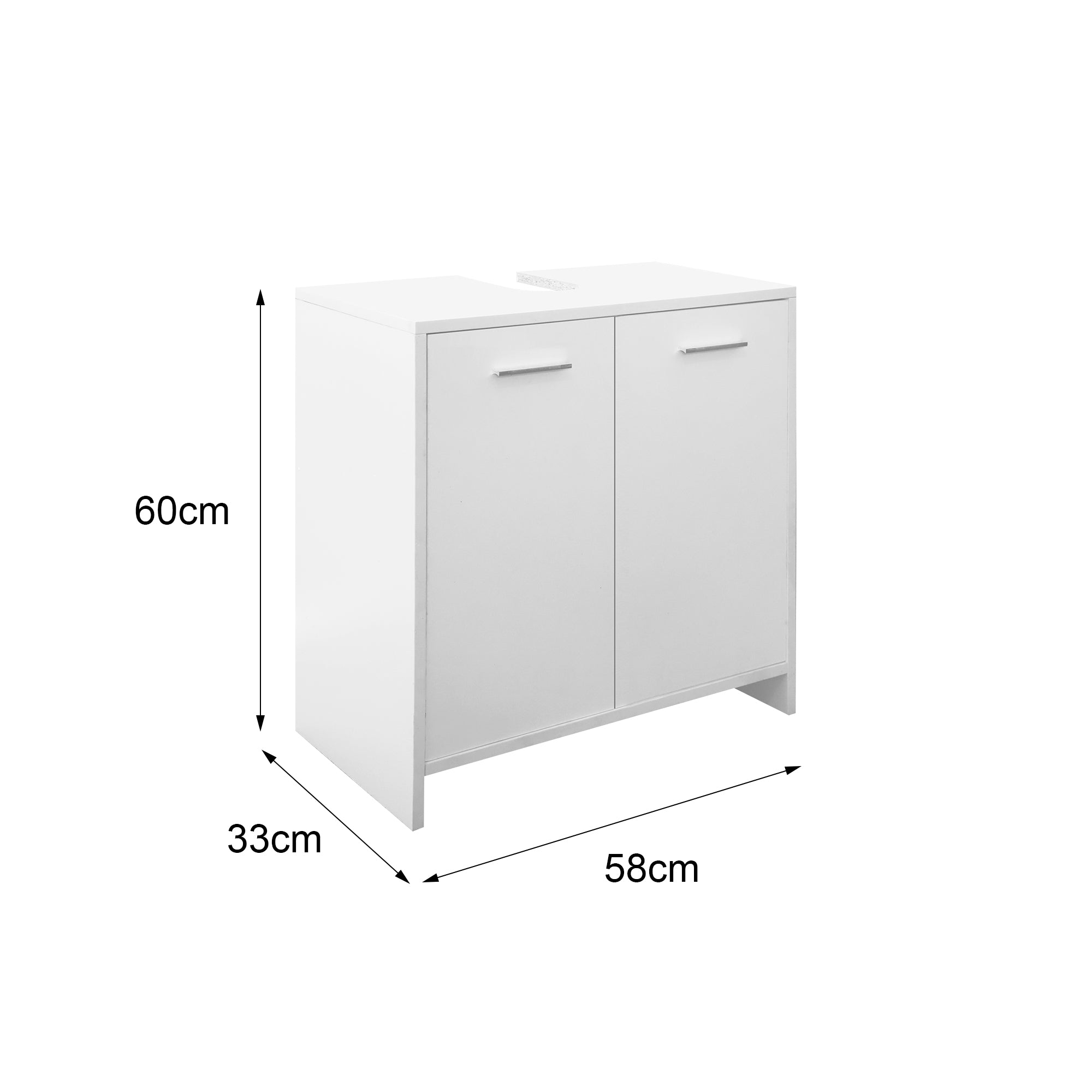 Fehér szekrény két ajtóval és méretekkel: 60 cm magasság, 33 cm mélység, 58 cm szélesség.