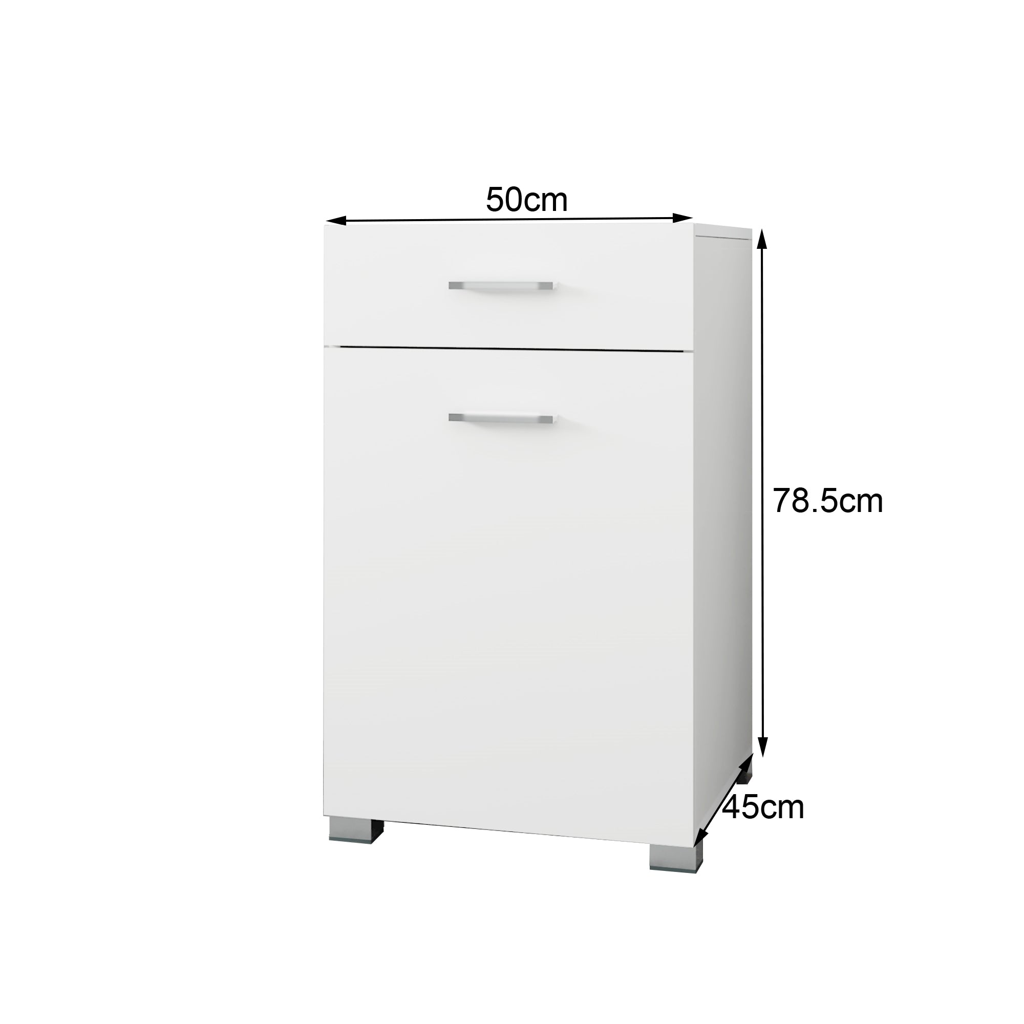 Dimension drawing of a white cabinet with 78.5cm height and 50cm width.