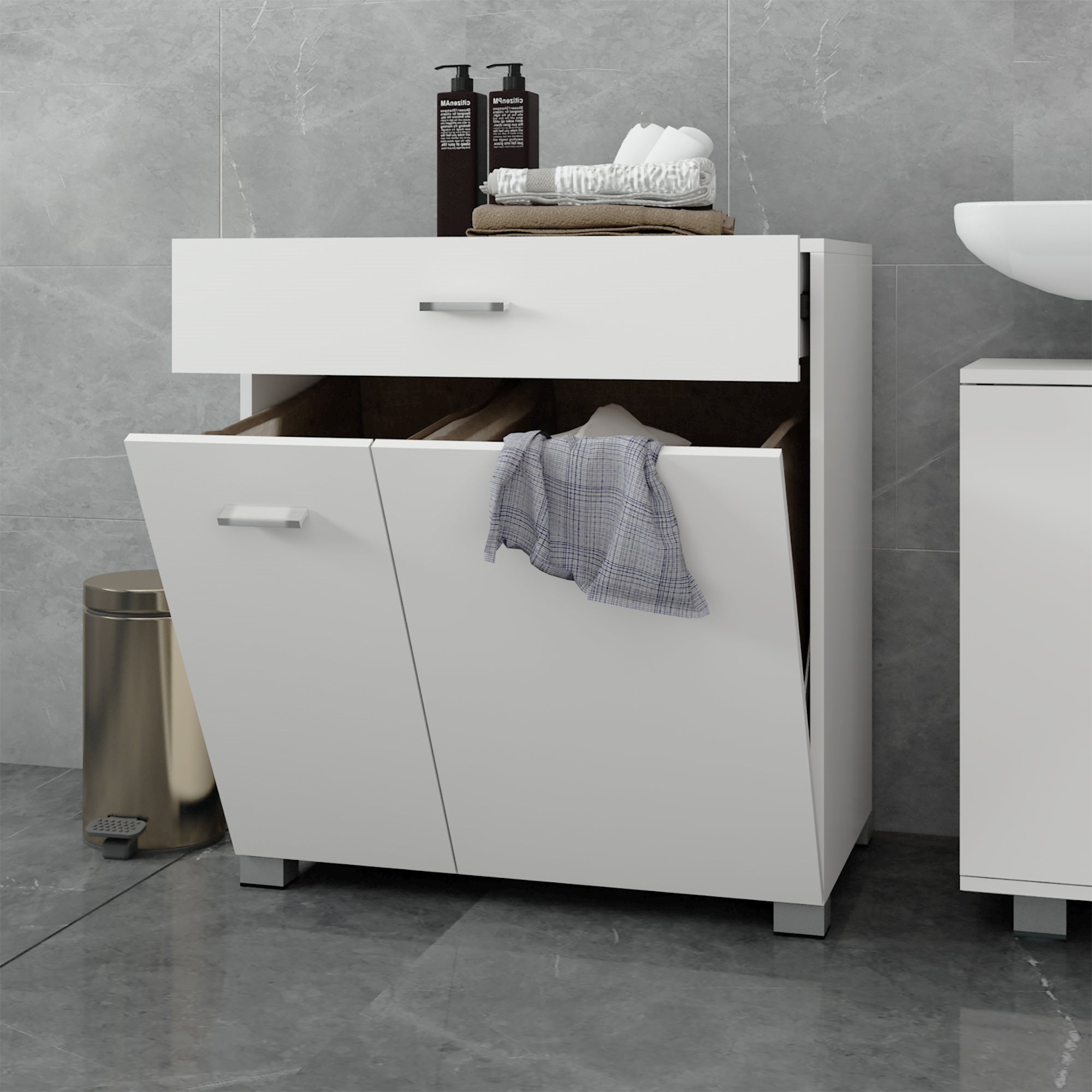 White cabinet with two doors that open diagonally and one drawer.