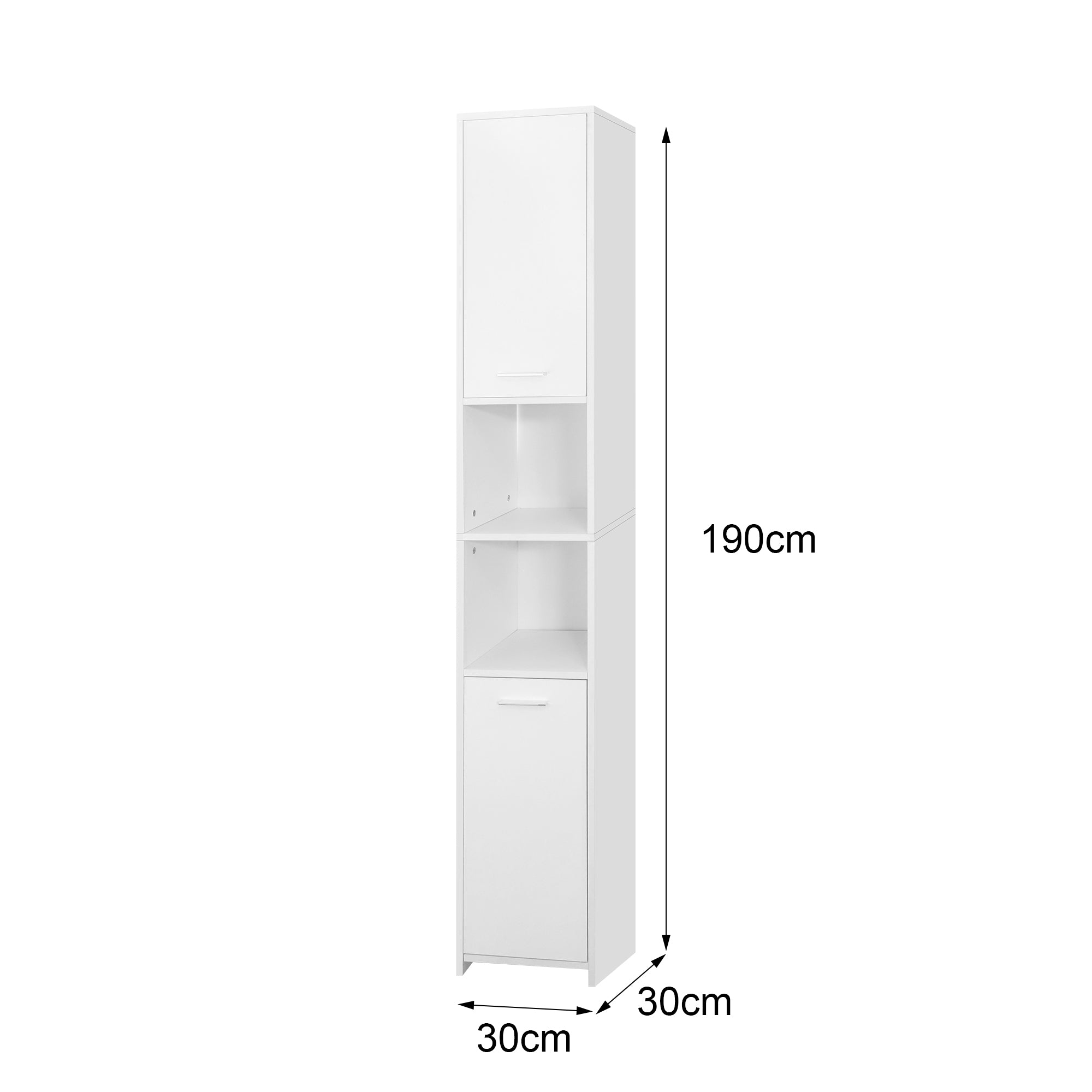 Armadio stretto e alto bianco con tre scomparti e due porte, misure: 190cm x 30cm x 30cm.