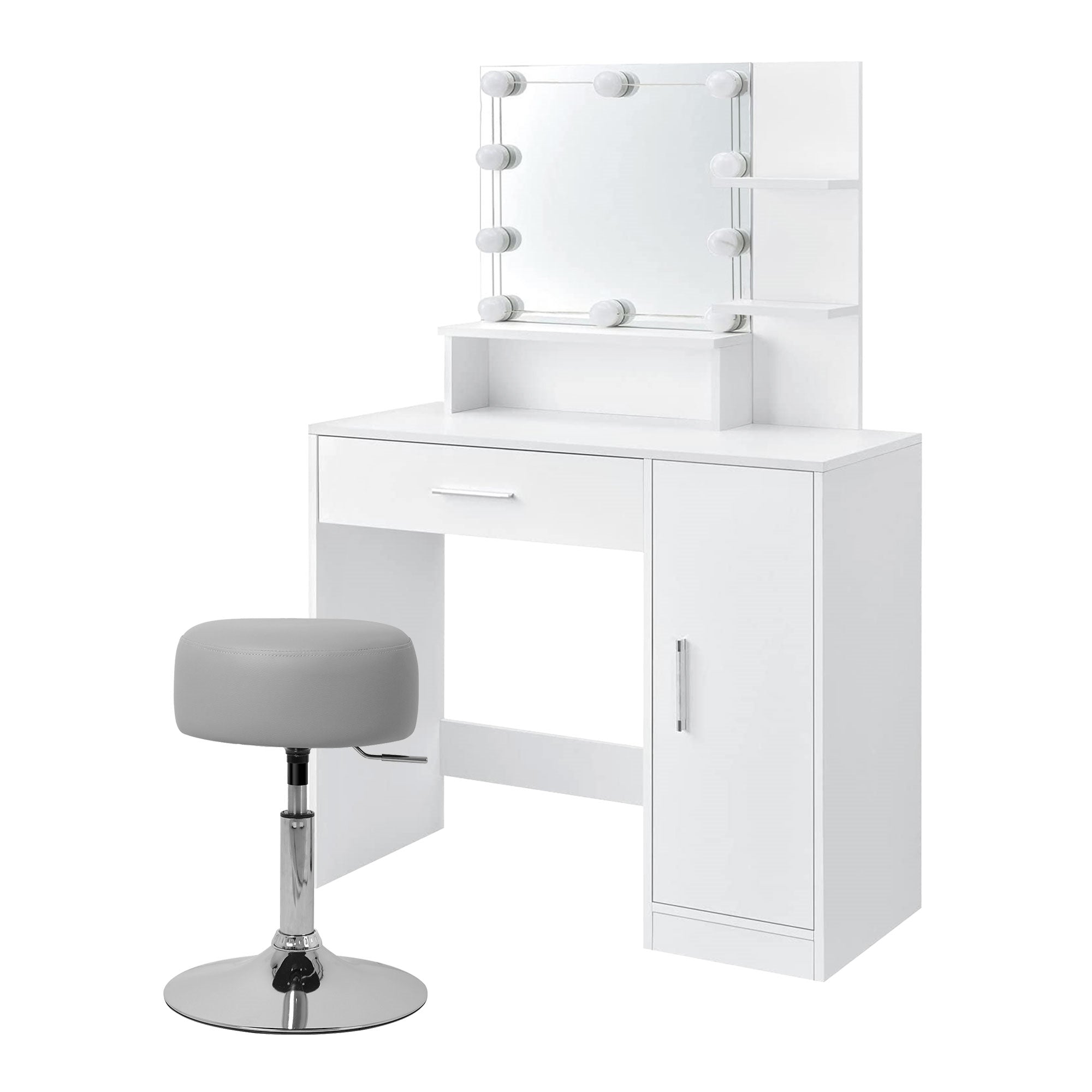 Coiffeuse blanche avec miroir et tabouret de bar.