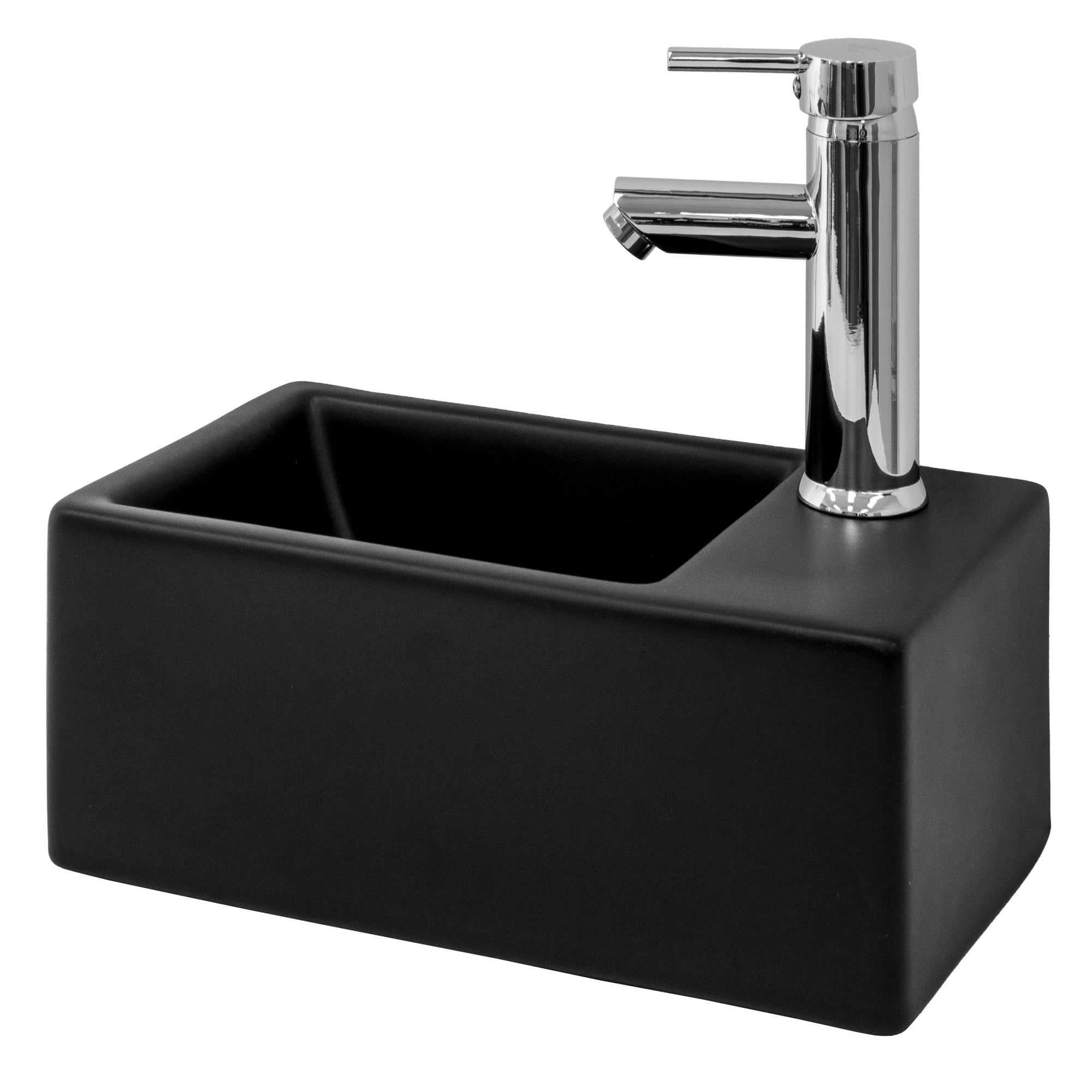 Rectangular black sink with a modern faucet.