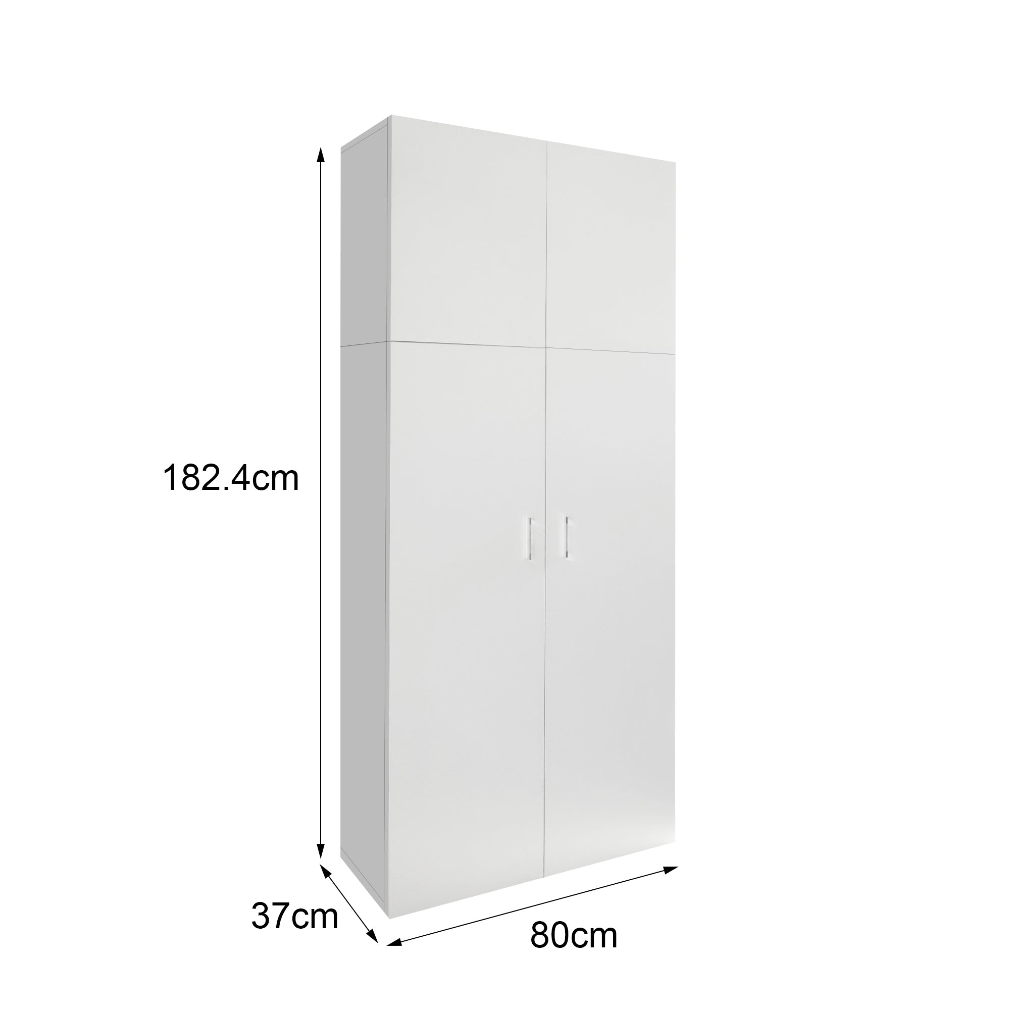 Armoire haute blanche avec deux portes et dimensions sur un fond blanc.