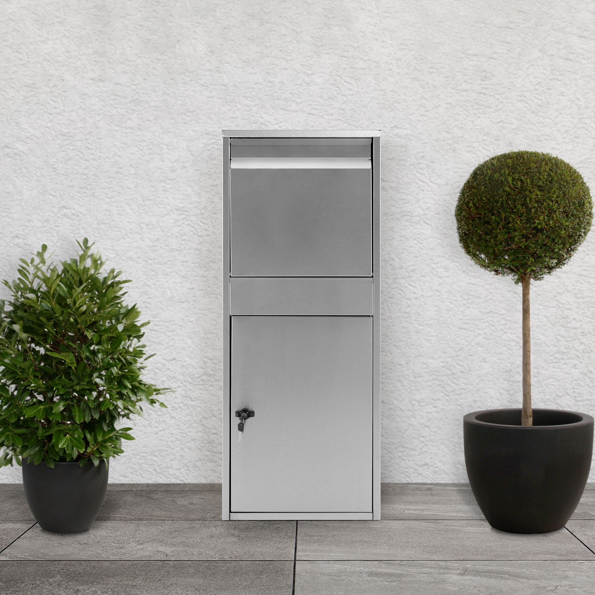 Cassetta postale in acciaio inox davanti a un muro chiaro con due piante.