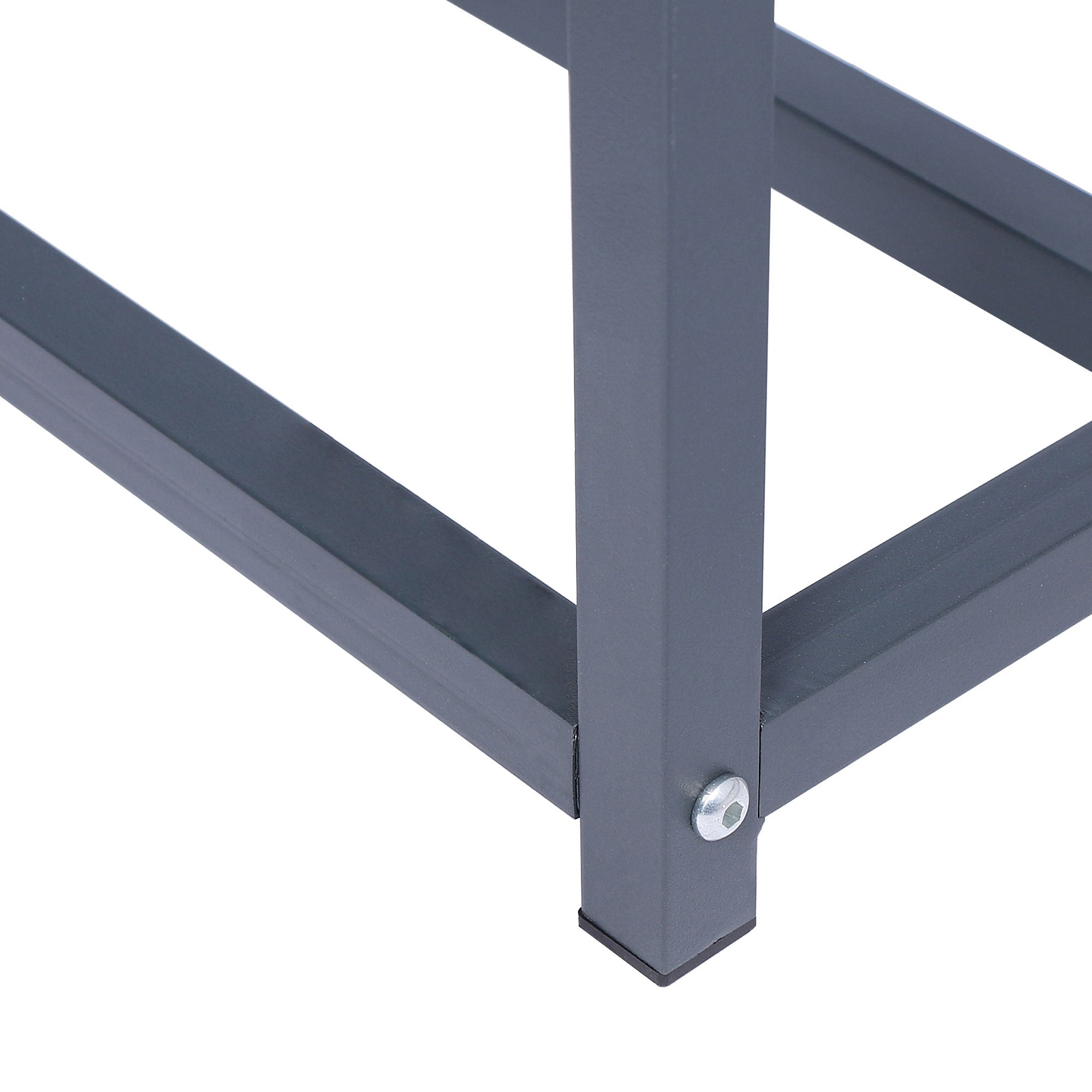 Detailaufnahme eines grauen Metallgestells mit Schraube.