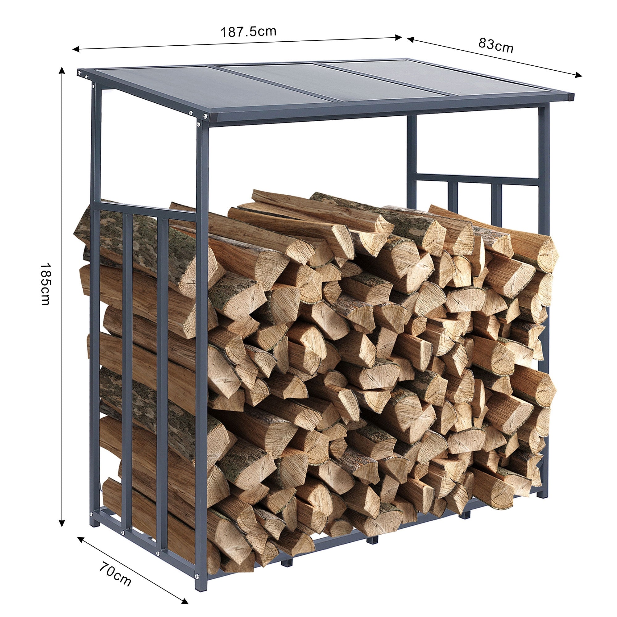 Canopy frame with wood stack, rectangular and made of metal.