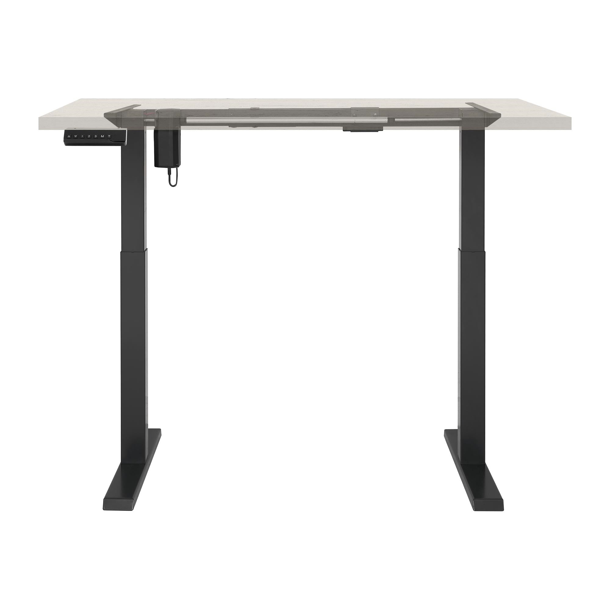 Escritorio con estructura negra y superficie de mesa clara.