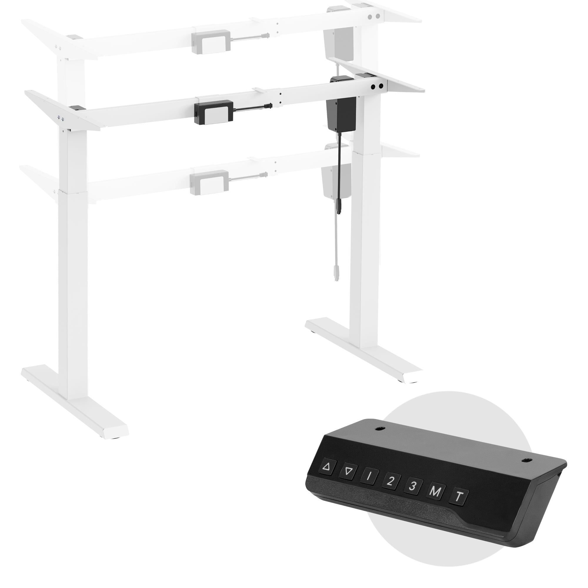 Estructura de mesa ajustable en altura en blanco con elemento de control.