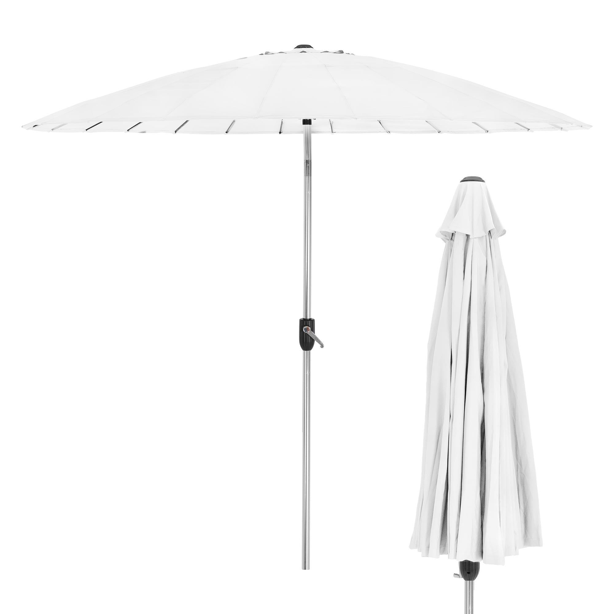 Hvid parasol i åbnet og lukket tilstand, holder synlig.