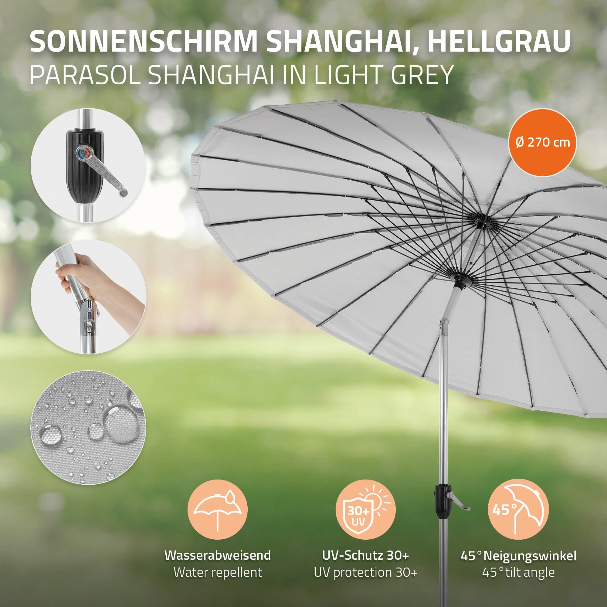 Sonnenschirm in hellgrau mit Details zu UV-Schutz und Wasserabweisung.