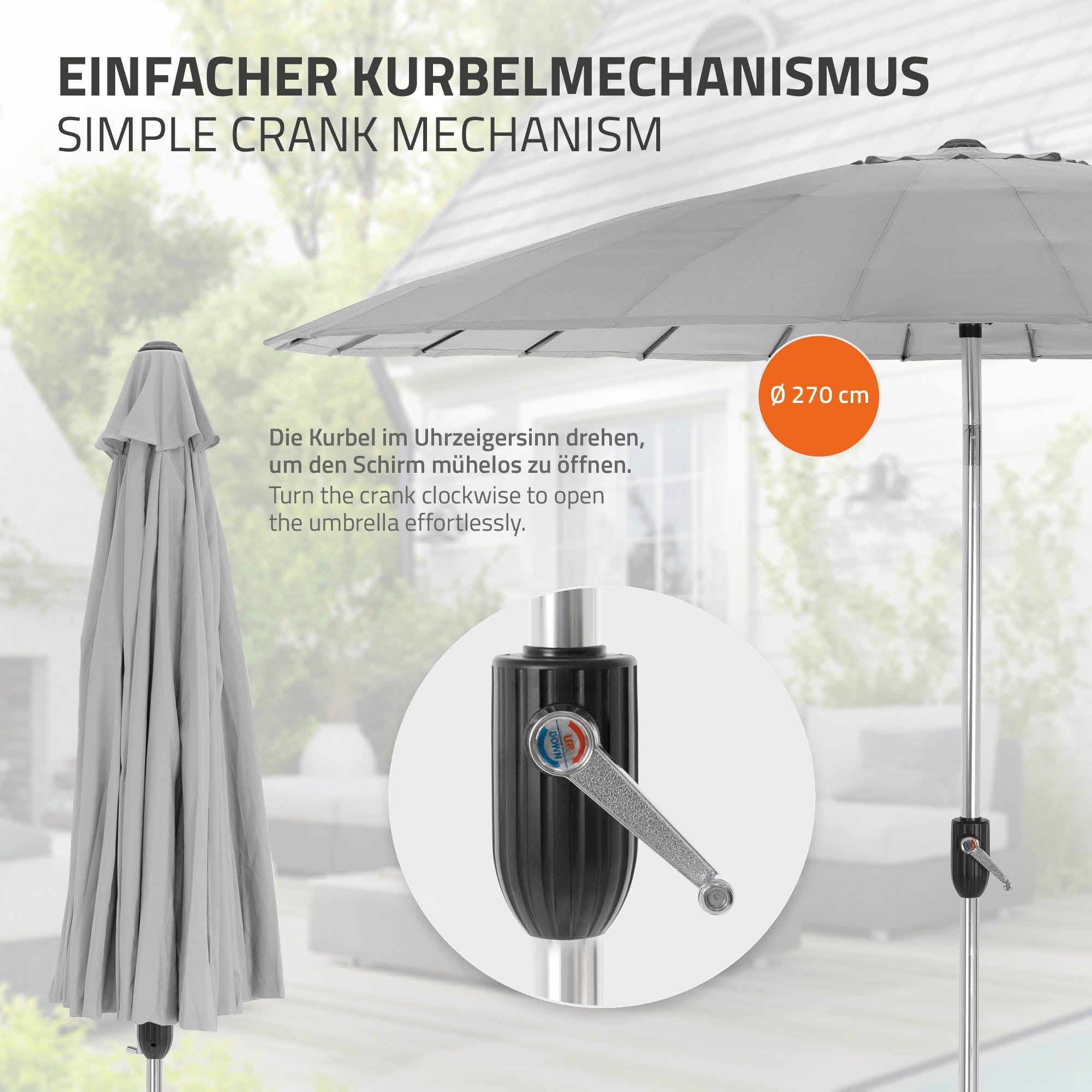 Nahaufnahme des Kurbelmechanismus eines Regenschirms.