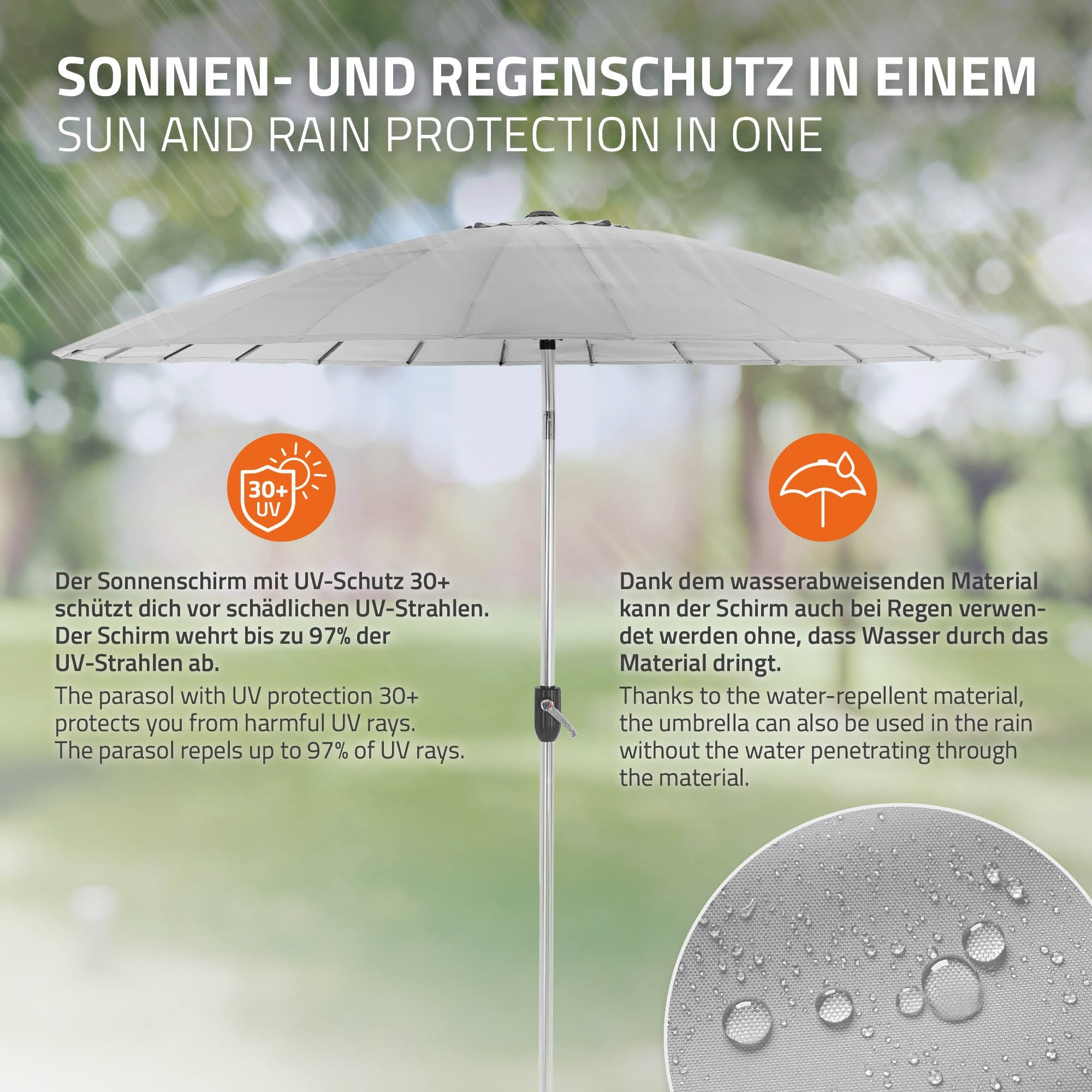 Sonnenschirm mit UV-Schutz und wasserabweisendem Material im Freien.