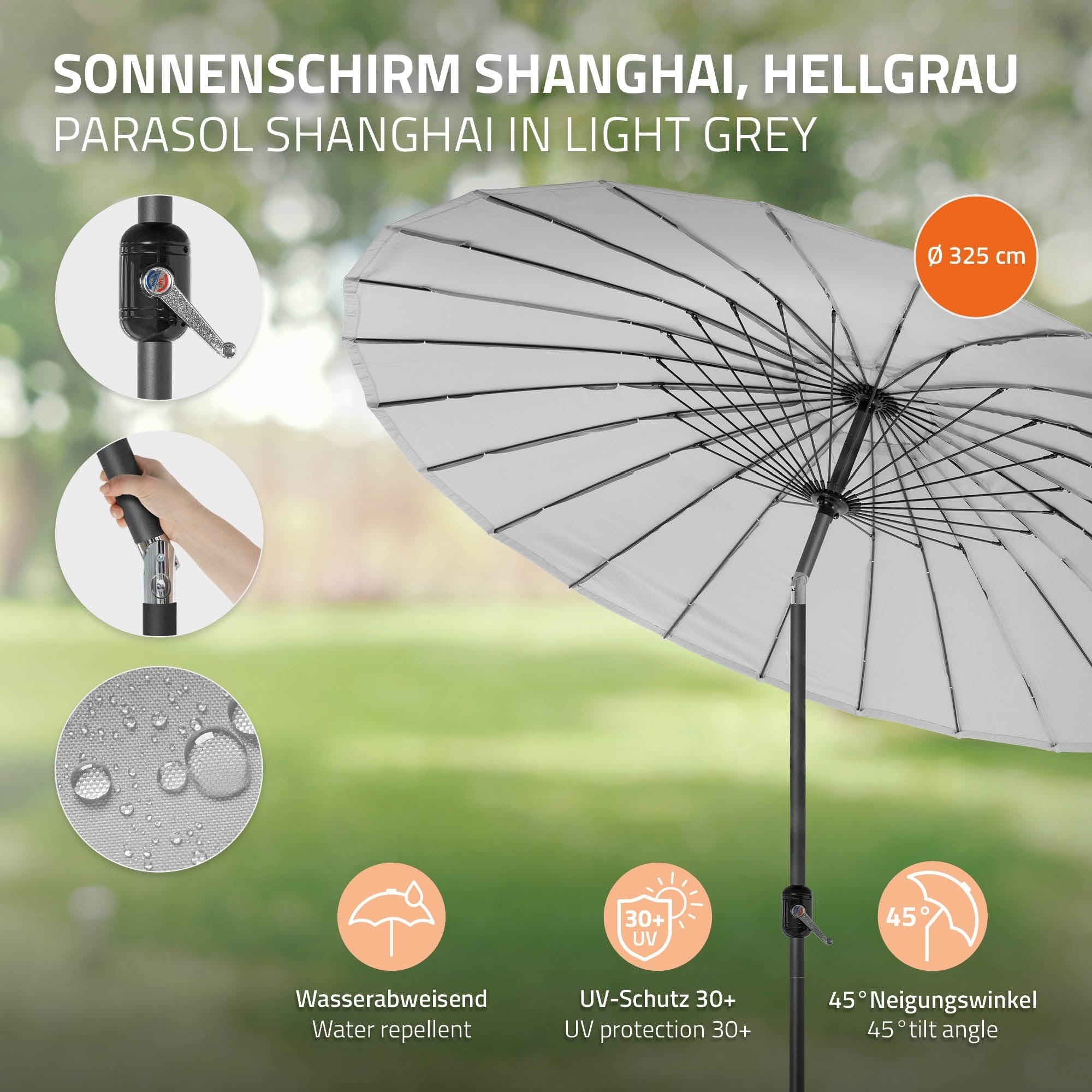 Hellgrauer Sonnenschirm mit Wasser abweisendem Material und UV-Schutz.