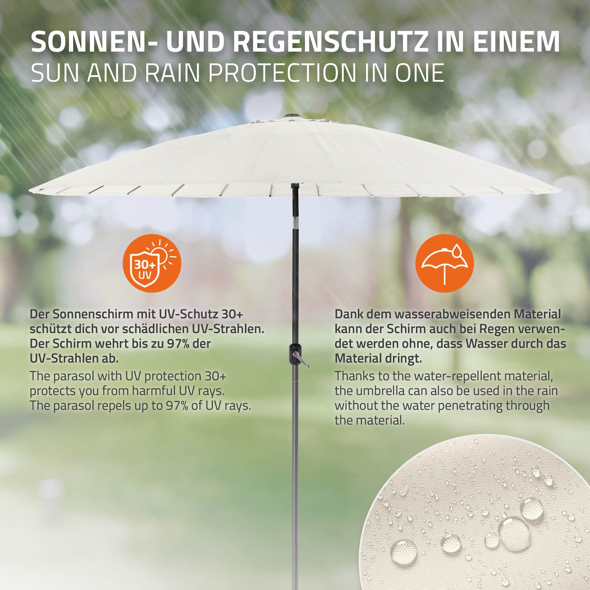Parasol avec protection UV 30+, protège des rayons UV et de l'eau.