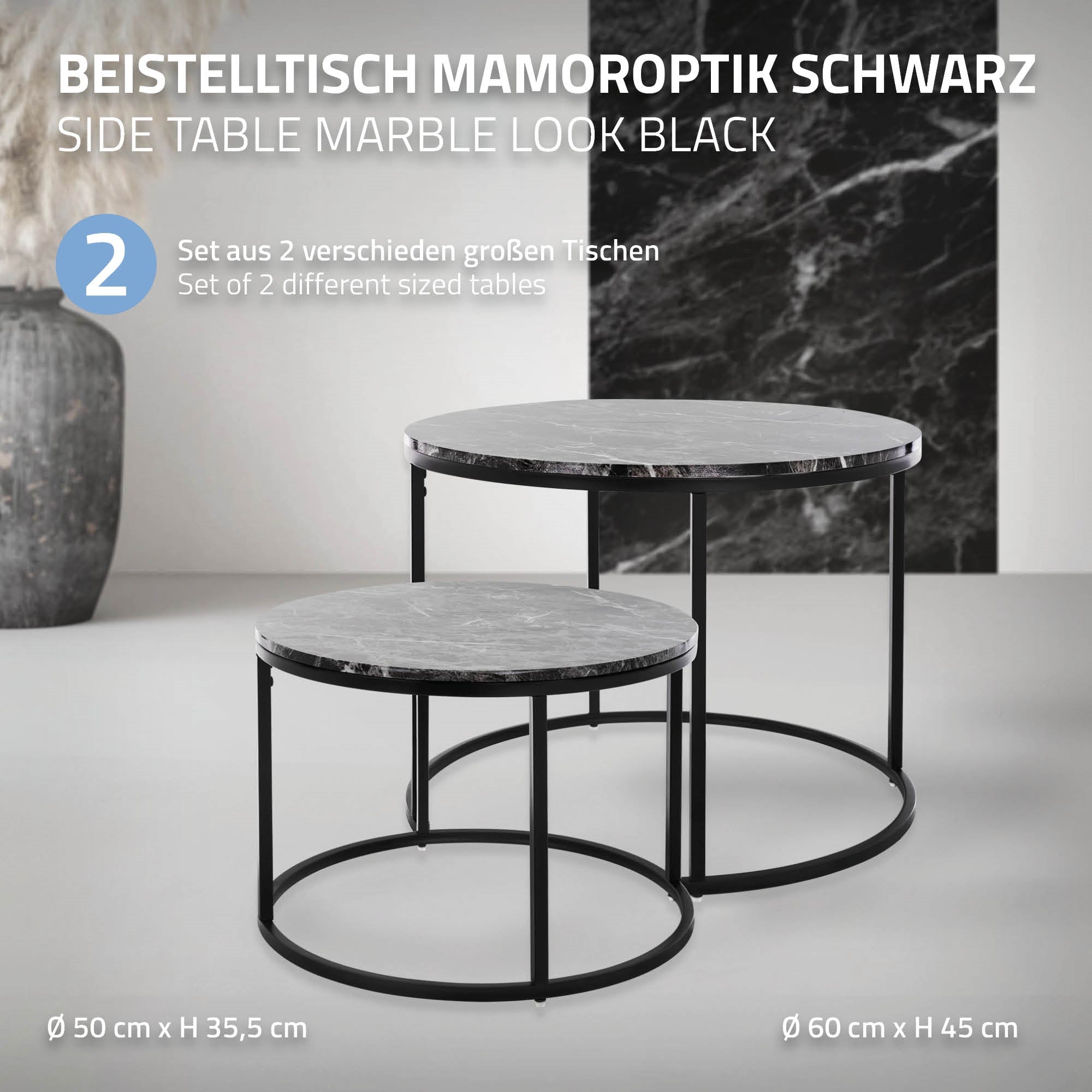 Beistelltisch-Set mit zwei Tischen in Marmoroptik und schwarzem Gestell.