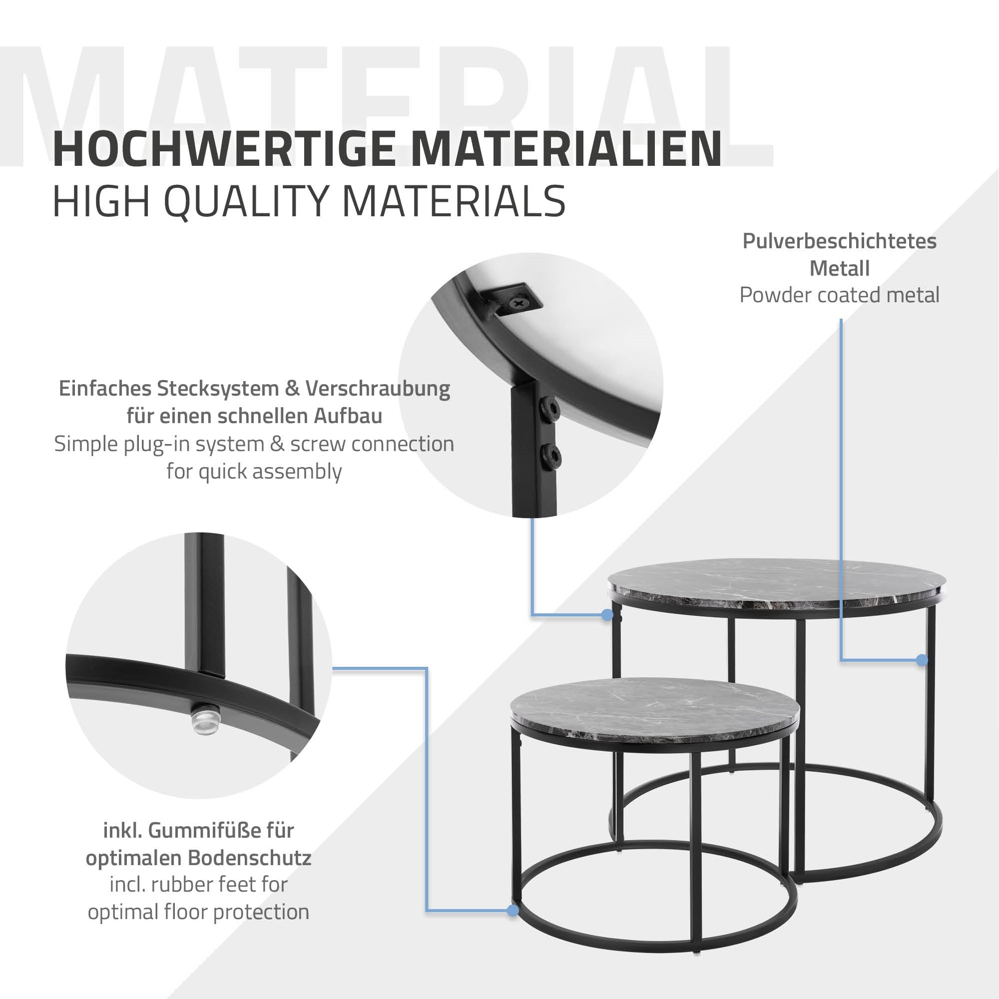 Beistelltische mit Beschreibung zu Materialien und Aufbau.