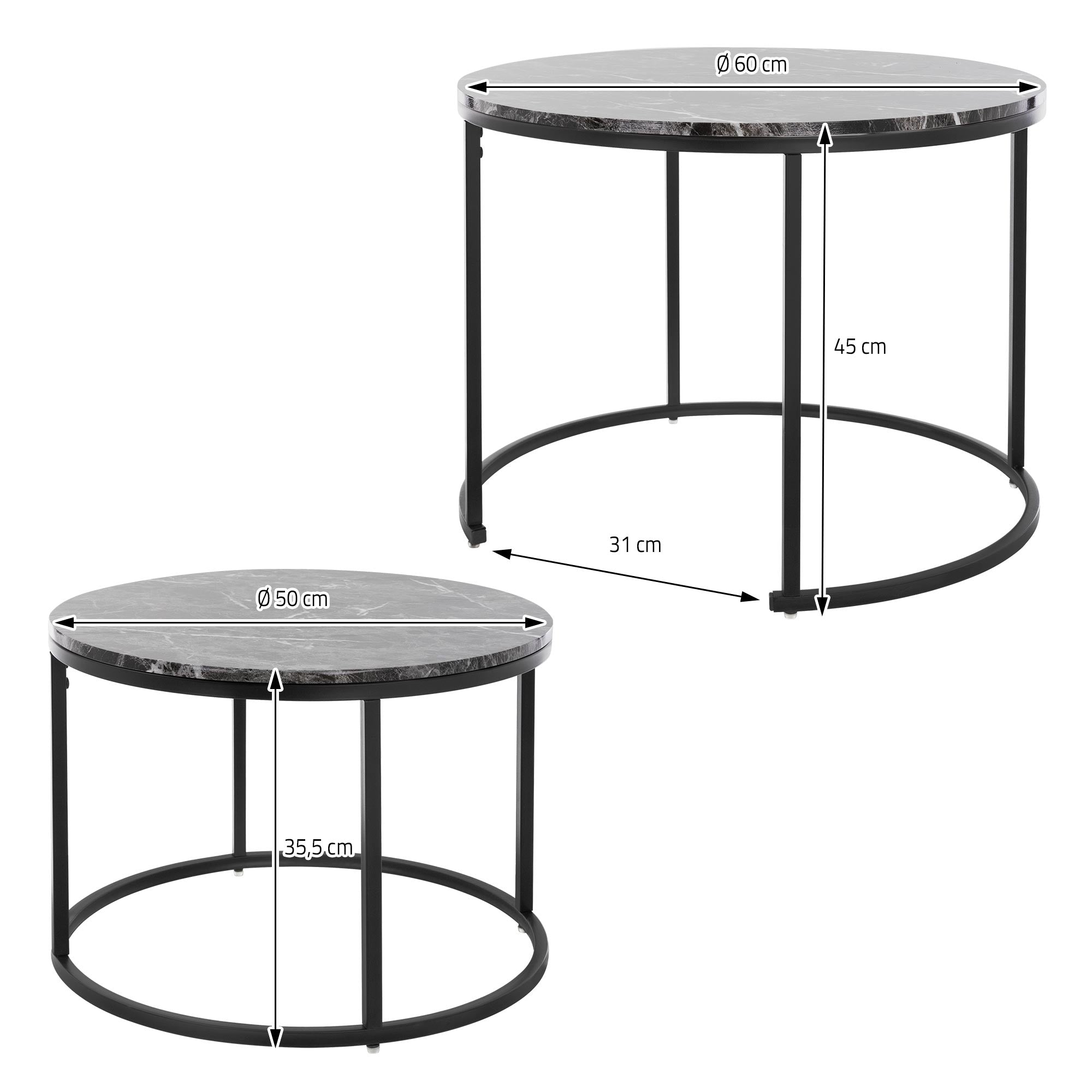 Zwei runde Tische mit schwarzem Metallgestell und marmorierten Tischplatten.