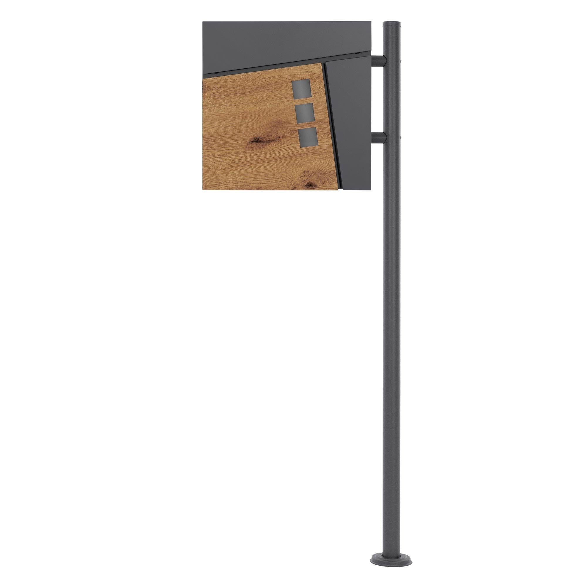 Een moderne brievenbus met houtlook op een grijze standaard.