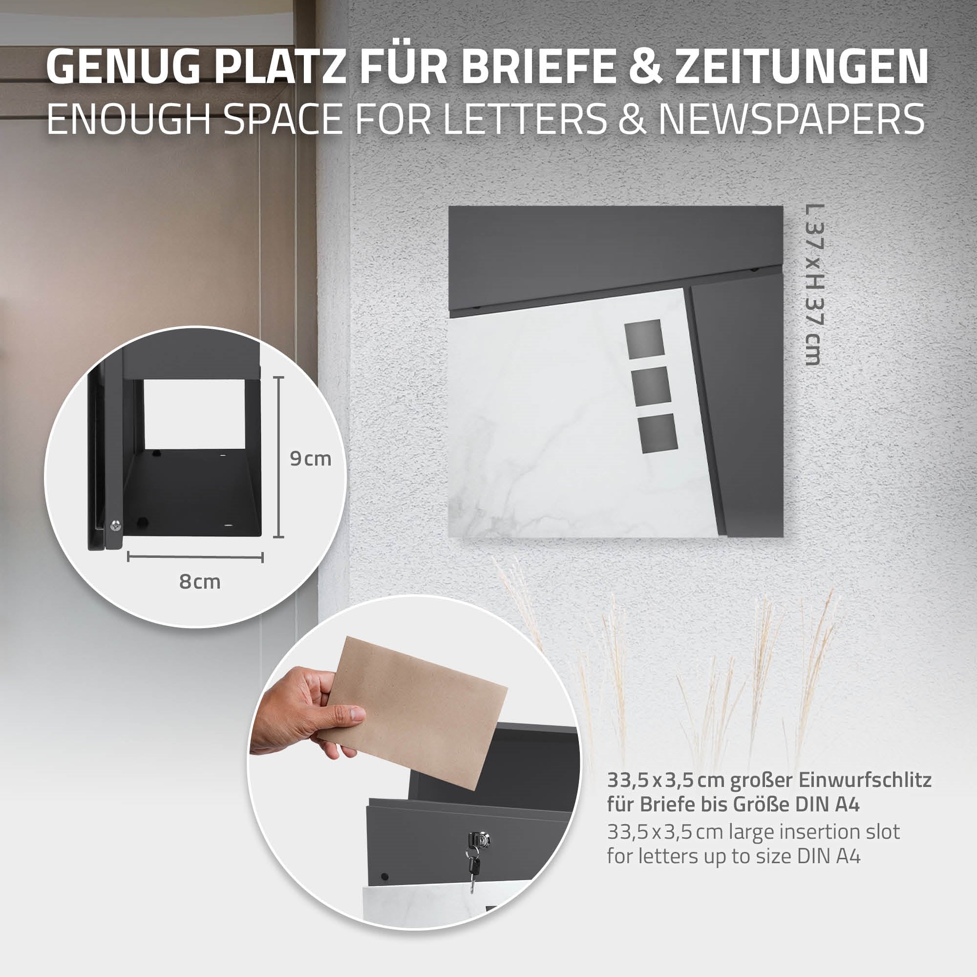 Grafik mit Maßen und Beschreibung für einen Briefkasten.