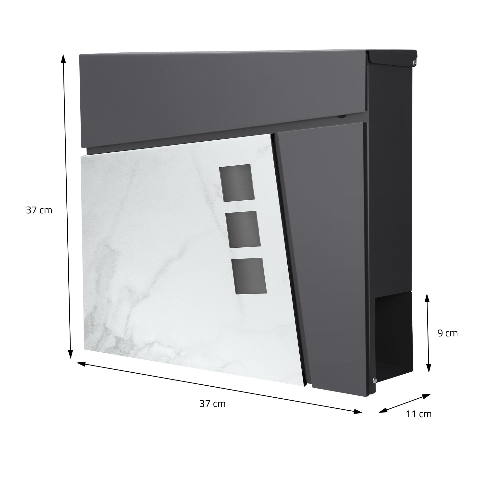Disegno tecnico di una cassetta postale con dimensioni e apertura per la posta.
