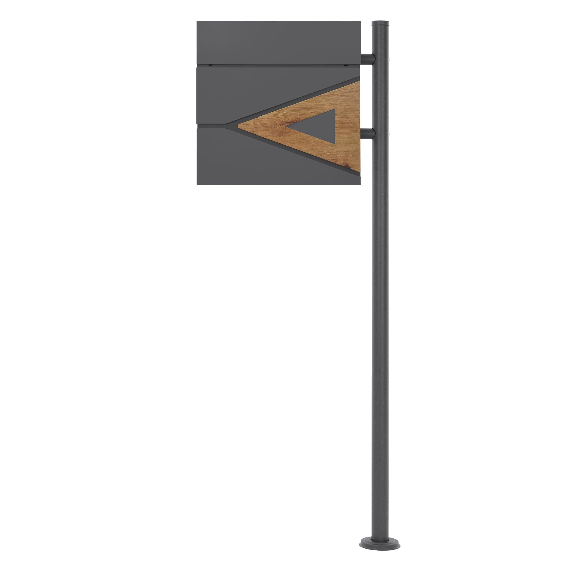 Zijaanzicht van een brievenbus met een grijze voorkant en houten details.