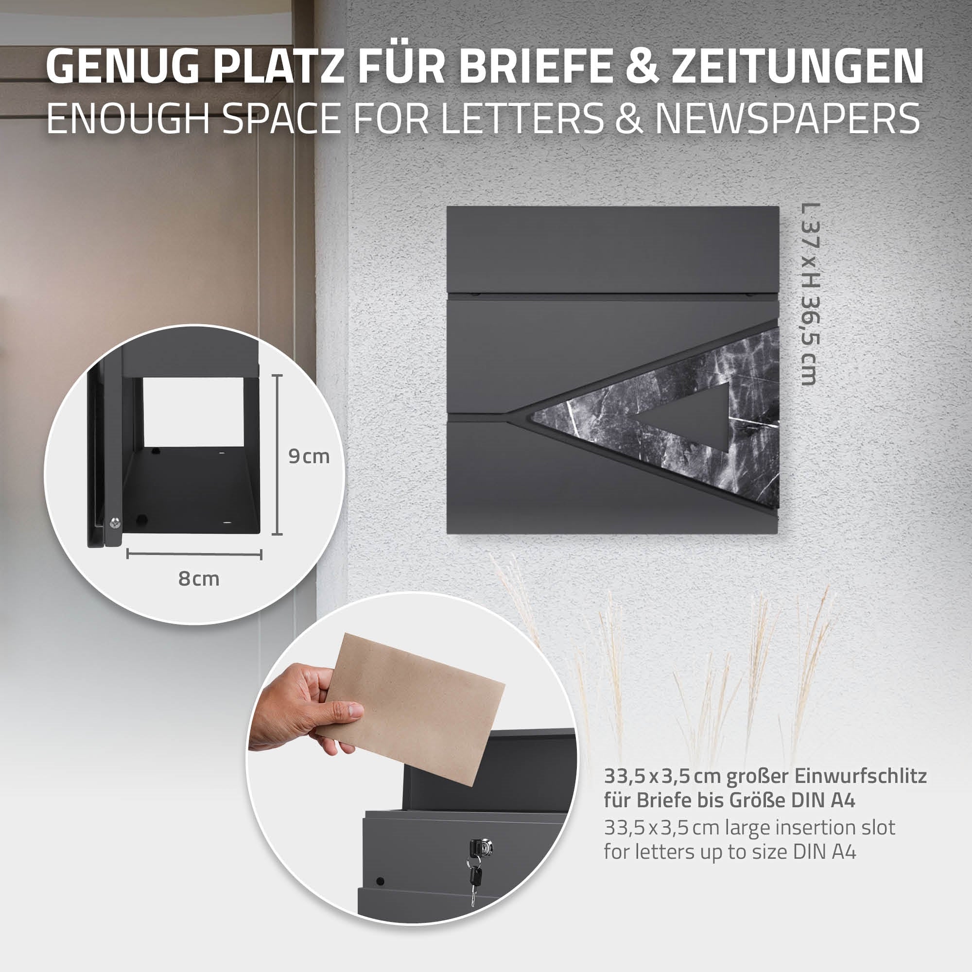 Briefkasten mit großem Einwurfschlitz für Briefe und Zeitungen.